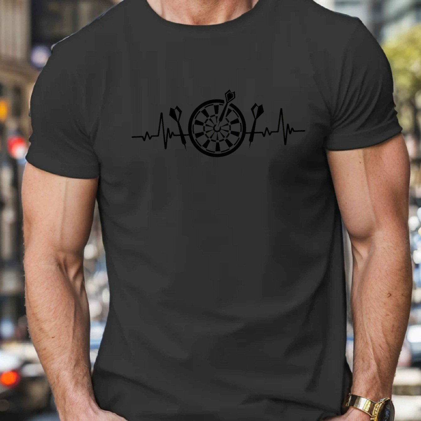 TEMU Men's Casual Short Sleeve T-shirt With Unique Dart Ekg Design - Breathable Polyester, Crew Neck, Summer Fashion Top