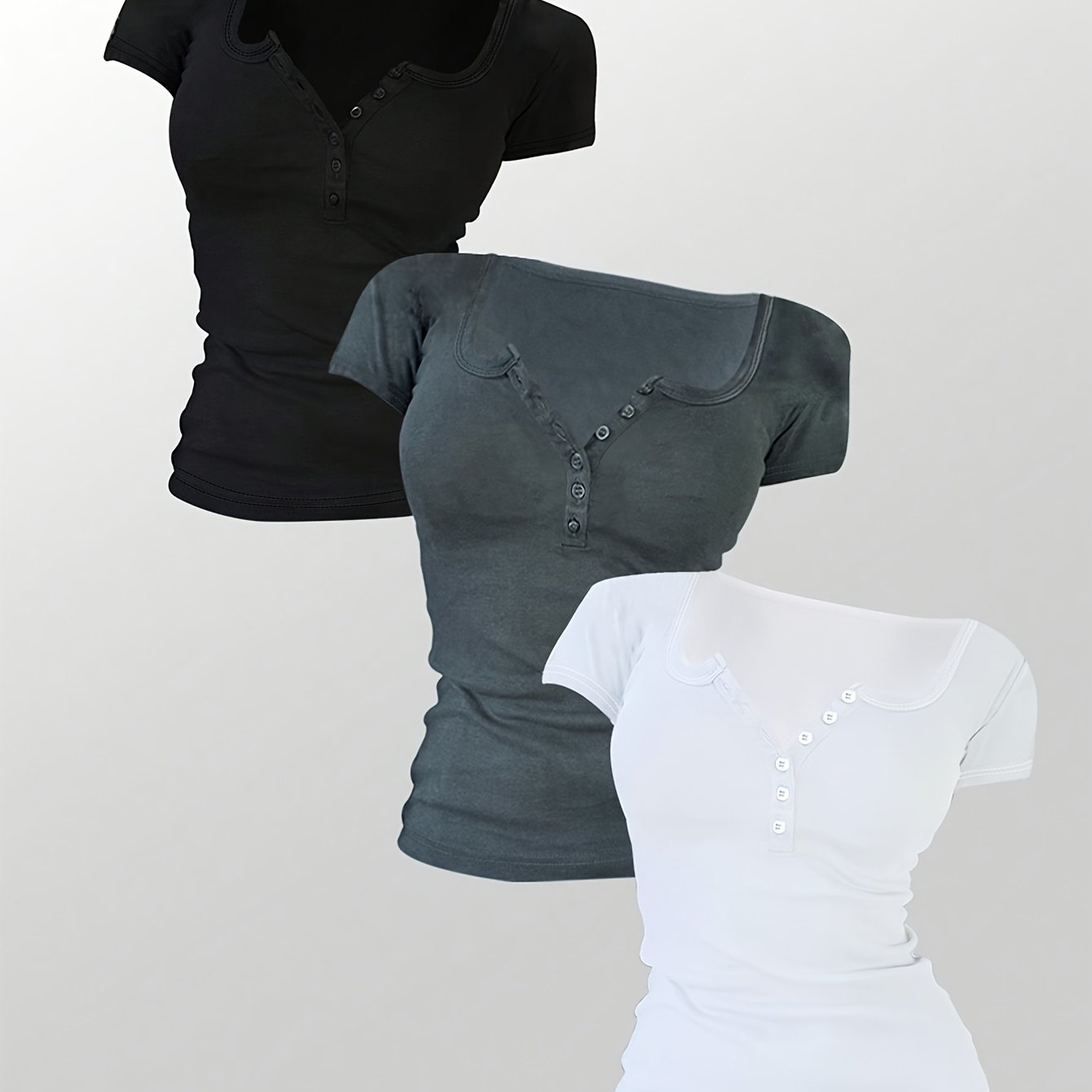 Image of Women's Casual Fashion Sporty Multi-button Round Neck Solid Color Short Sleeve And Match 3pcs Set
