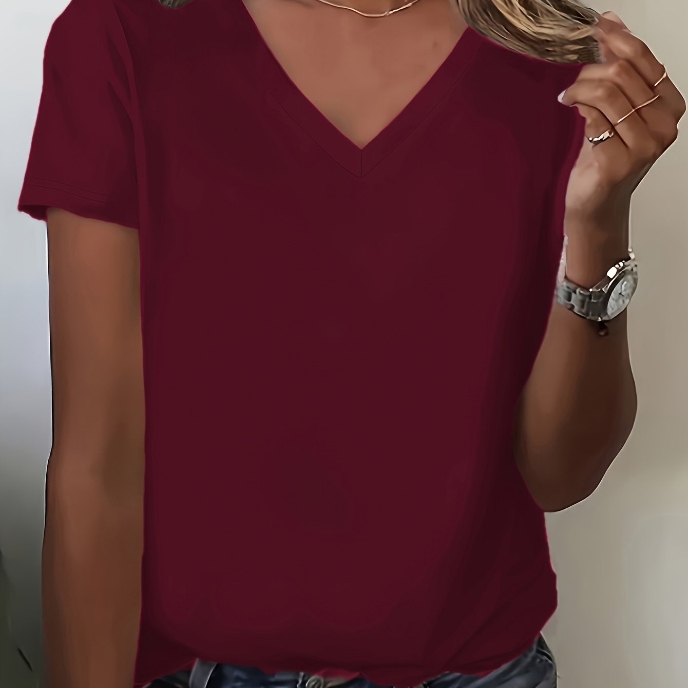 TEMU Women' V-neck T-shirt - Versatile Comfortable Short Sleeve Tee - Suitable For Casual Wear - Use - Machine Washable Solid Short Sleeve - Soft