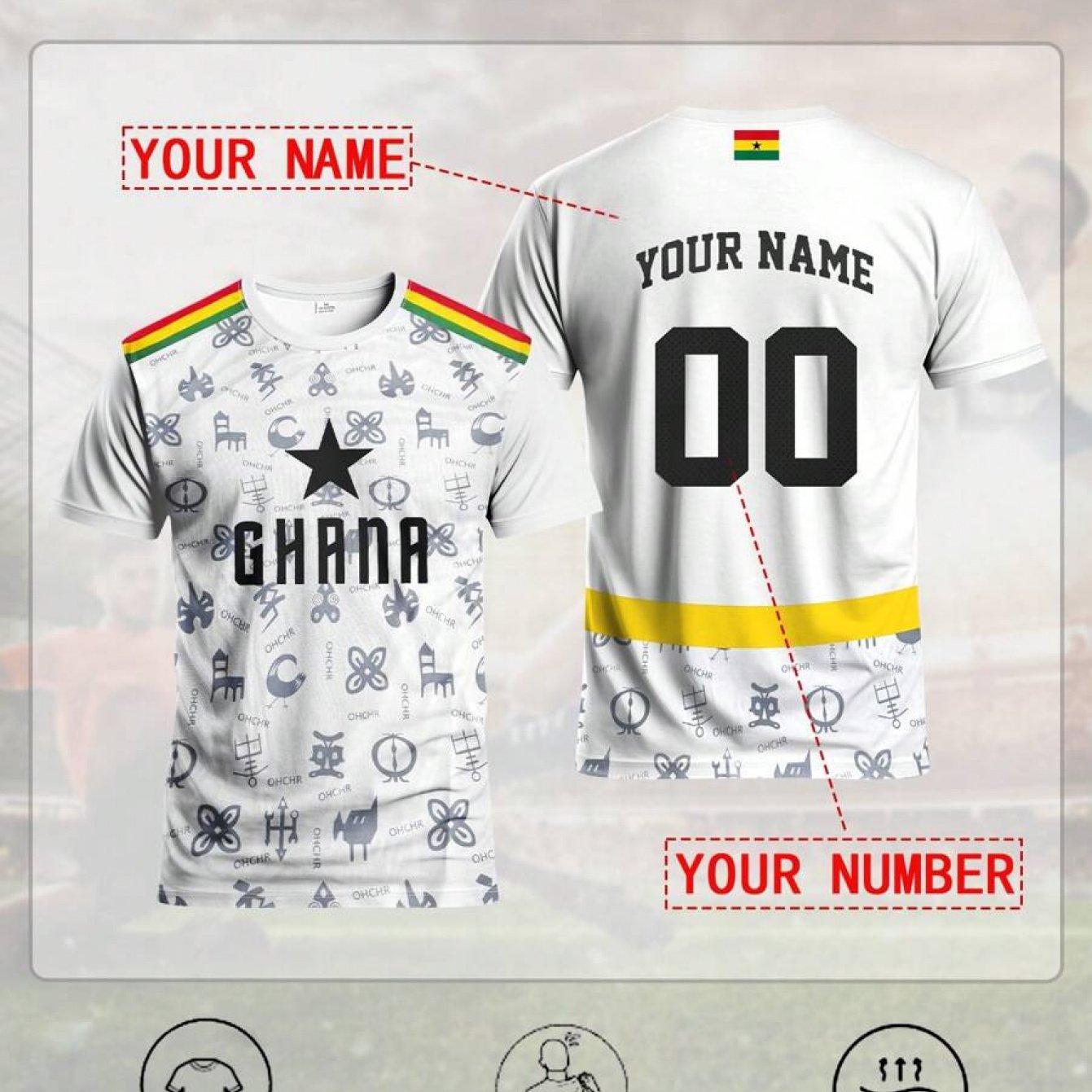 TEMU Custom Ghana Style Men's Football Jersey With Printed Name And Number, Comfortable Round Neck Sports T-shirt For Training Or Casual Attire
