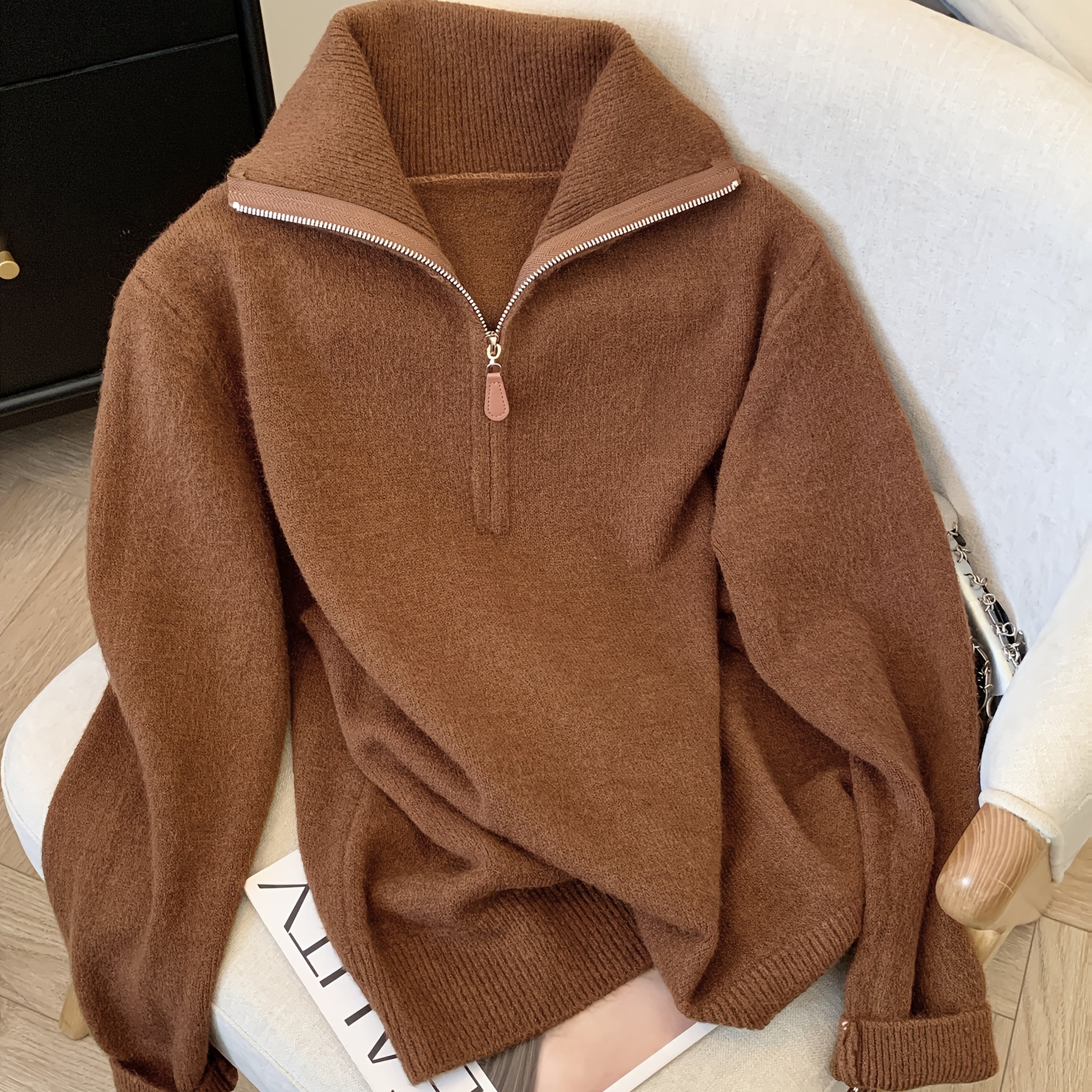 E-shop Directional 2025 Neuer Herbst/Winter Old-Money-Stil Klassischer Stehkragen-Halb-Cardigan-Pullover in Uni-Farbe, 25 Herbst/ Klassischer