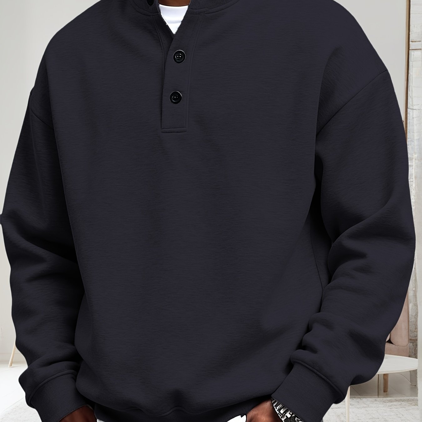 TEMU Men's Spring/autumn Terrycloth Henry Long-sleeve Pullover, Featuring Fine And Soft Fabric, A Stylish And Trendy Long-sleeve Pullover, Suitable