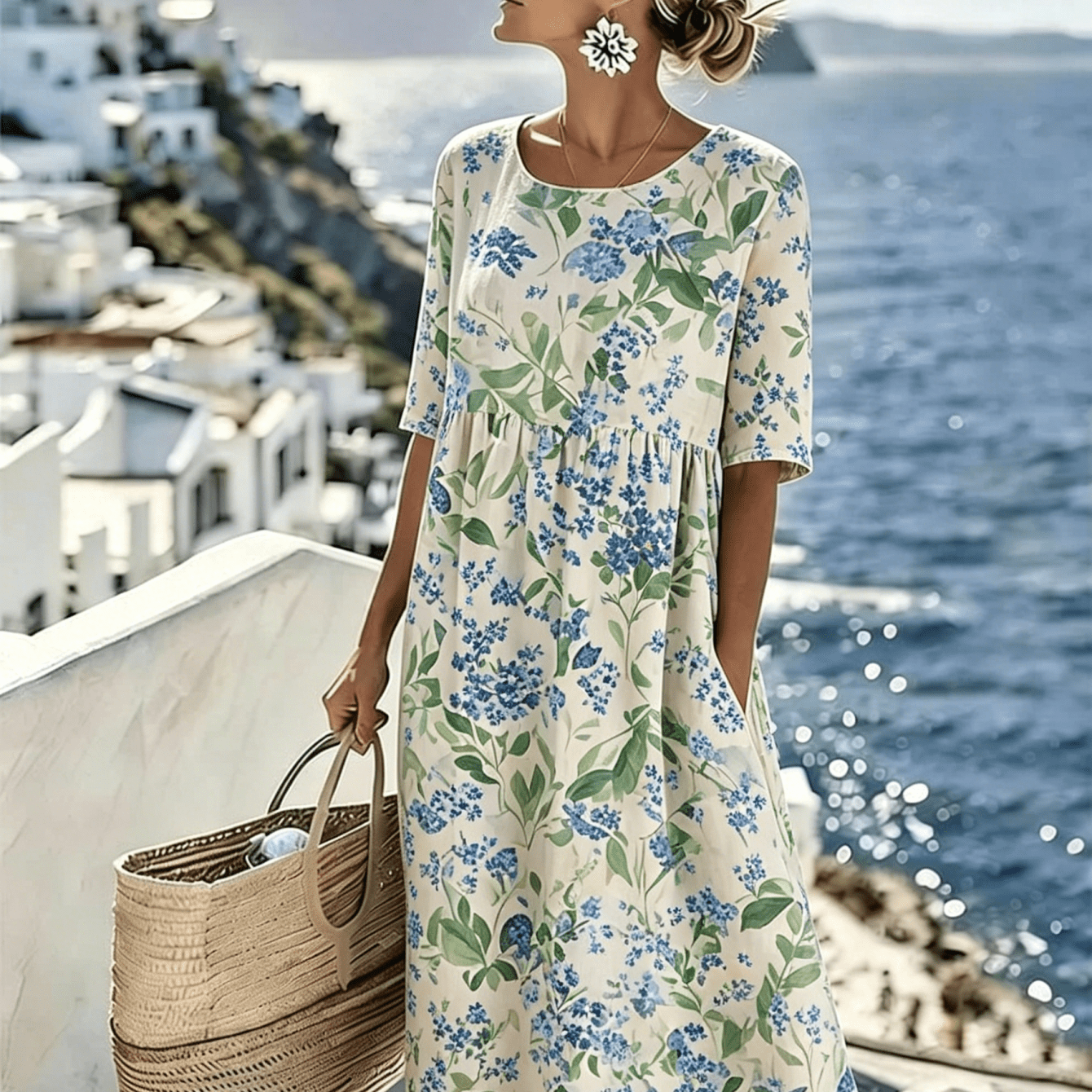 Image of Women's Summer New Half-sleeve Dress, Blue Floral Print, Round Neck Waist A-line Skirt, Loose Casual Vacation Long Dress