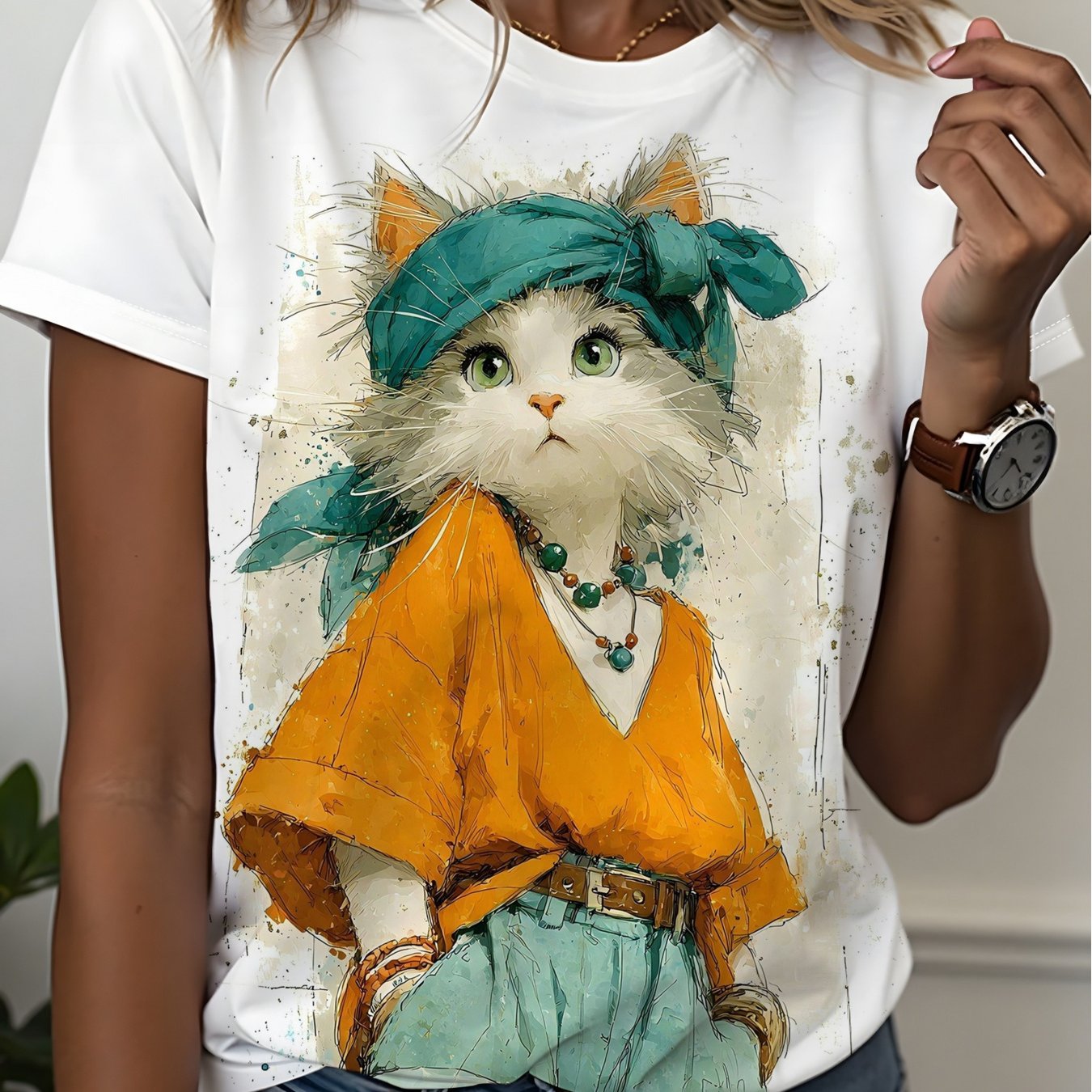 TEMU Women's Casual T-shirt - Headscarf Print, Bohemian Pattern Top - Comfortable, Suitable For Daily Wear