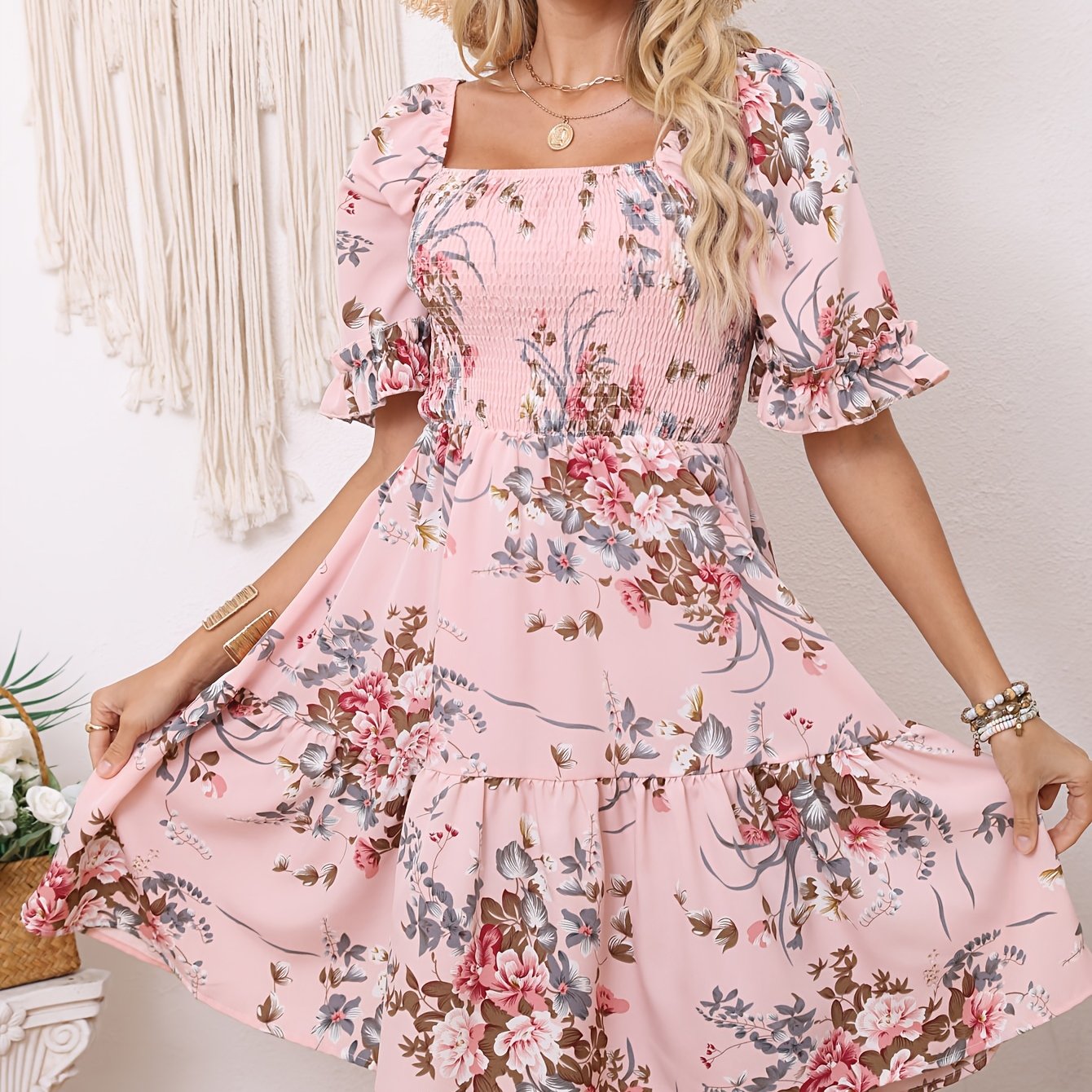 TEMU Floral Neck Shirred Dress, Elegant Short Sleeve Ruffle Hem A-line Dress For , Women's Clothing