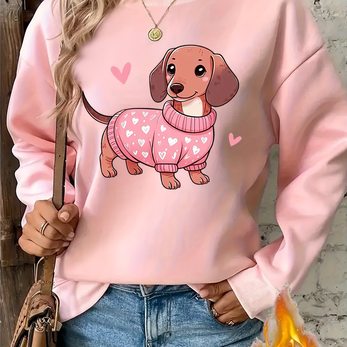 TEMU Adorable Puppy In A Pink Sweater, Printed In A Warm Cartoon Style. Recommended Women's Crewneck Casual Sporty Sweatshirt For