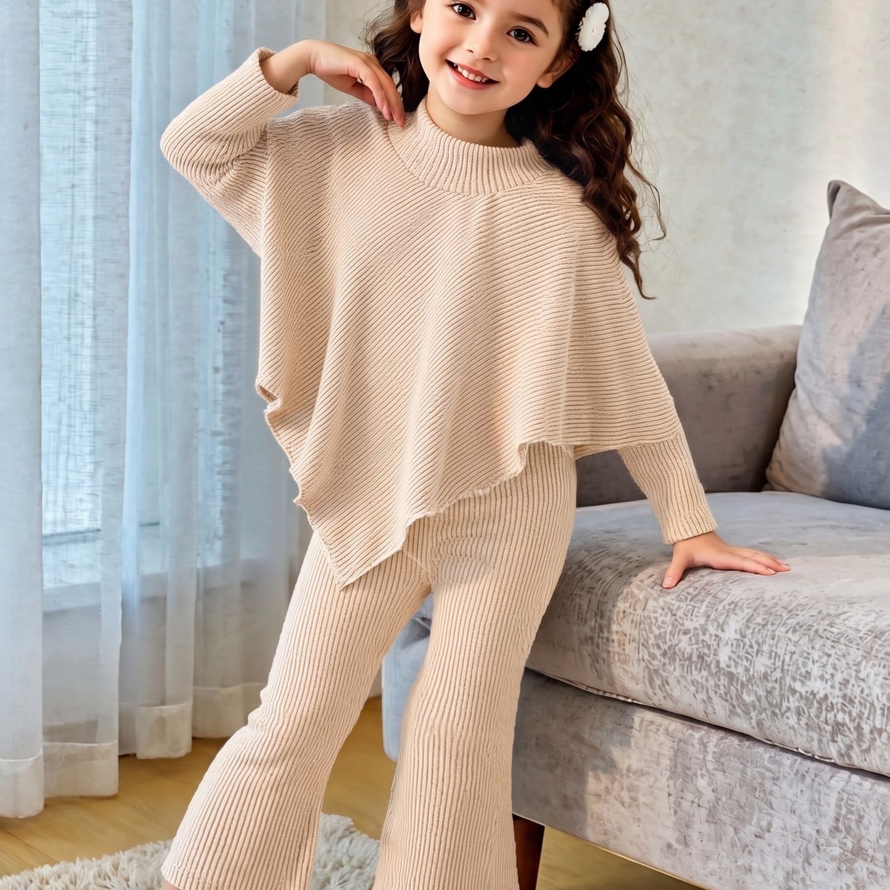 TEMU Girls' 2-piece Set: Fashionable Solid Color Ribbed Irregular Pullover Top With Flared Long Pants, New Autumn/winter Stylish And Versatile 2pcs
