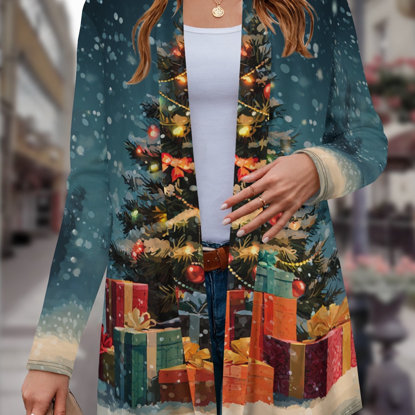 TEMU Comfortable Trendy Casual Elegant Style Holiday Christmas Tree Gift Element Printed Pattern Label Women's Straight Coat