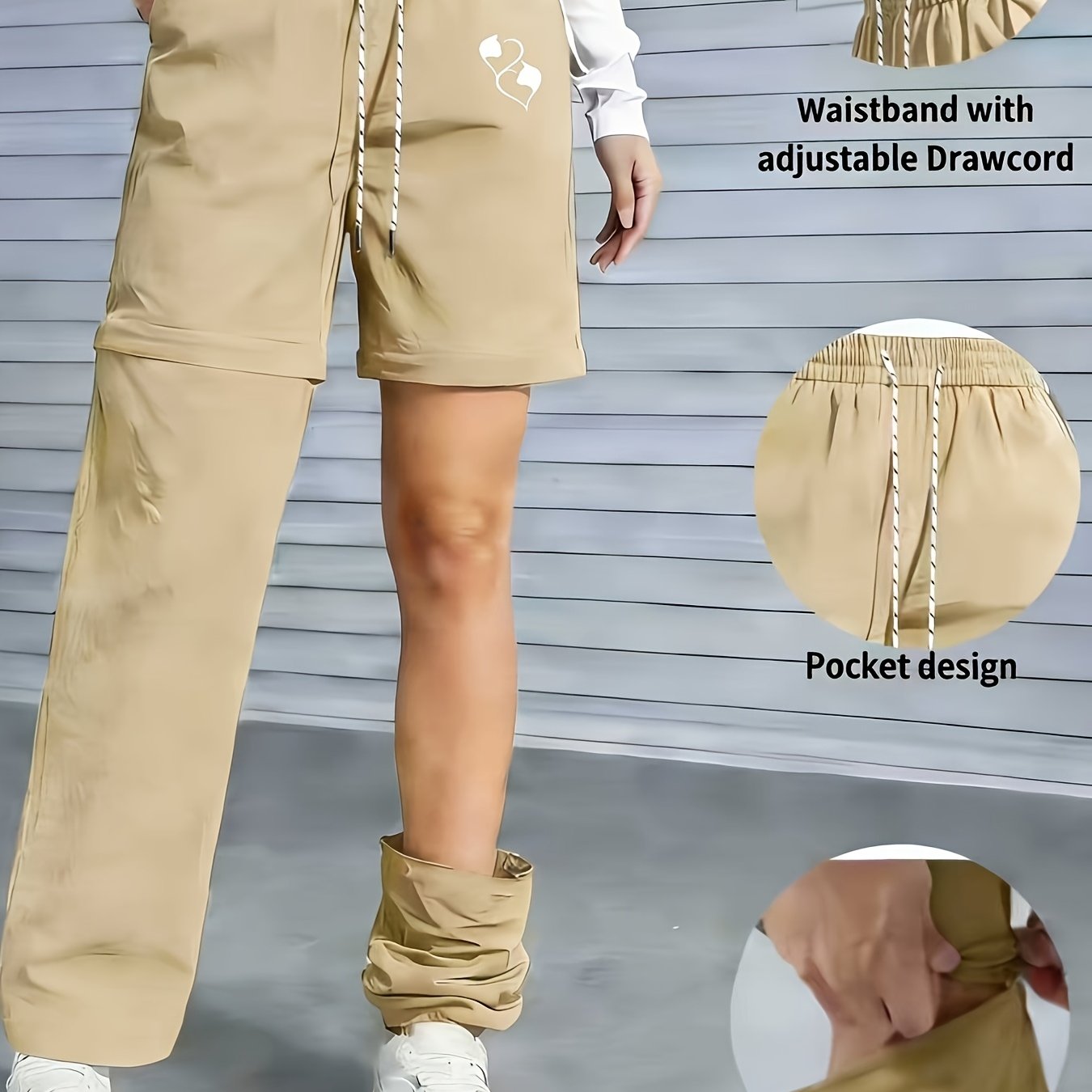 TEMU Women's Outdoor Casual Pants With Fashionable Print Design, Convertible Into Shorts, In 3 Colors, Drawstring Elastic Waist, Trendy And