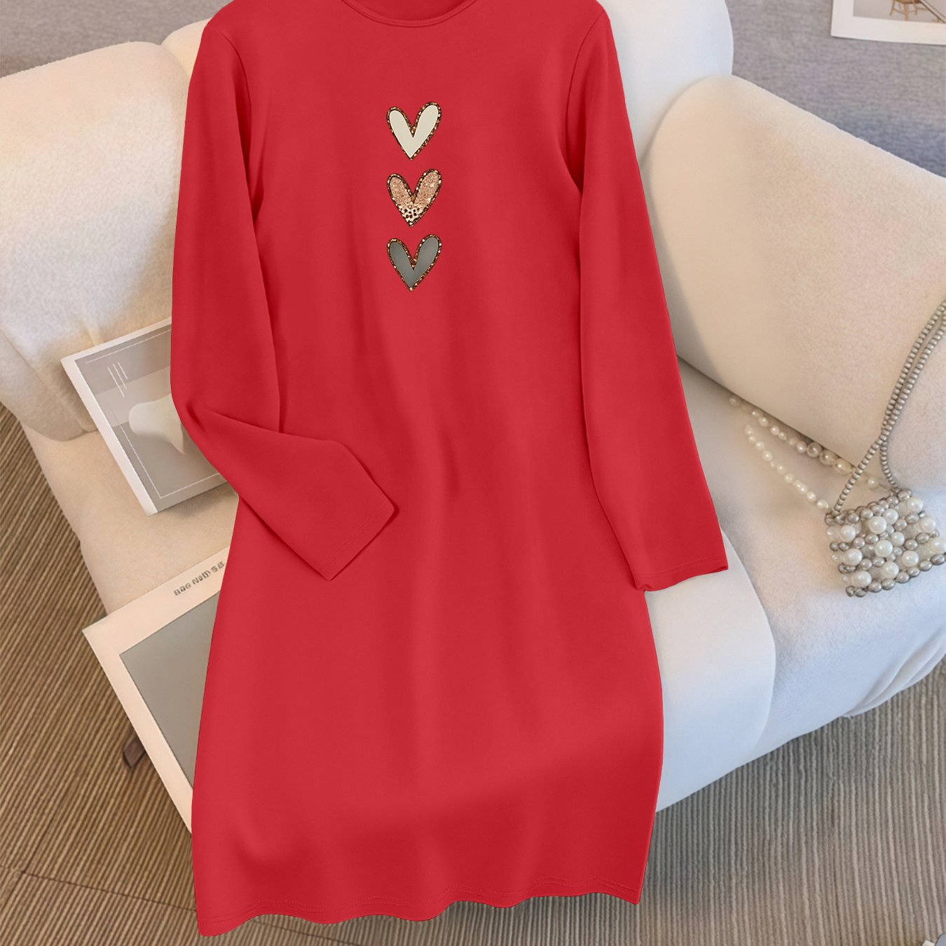TEMU Plus Size - Autumn Fashion New Plus Size Casual Women's Love Print Long Sleeve Women' Plus Size Basic Round Neck Straight Long Skirt