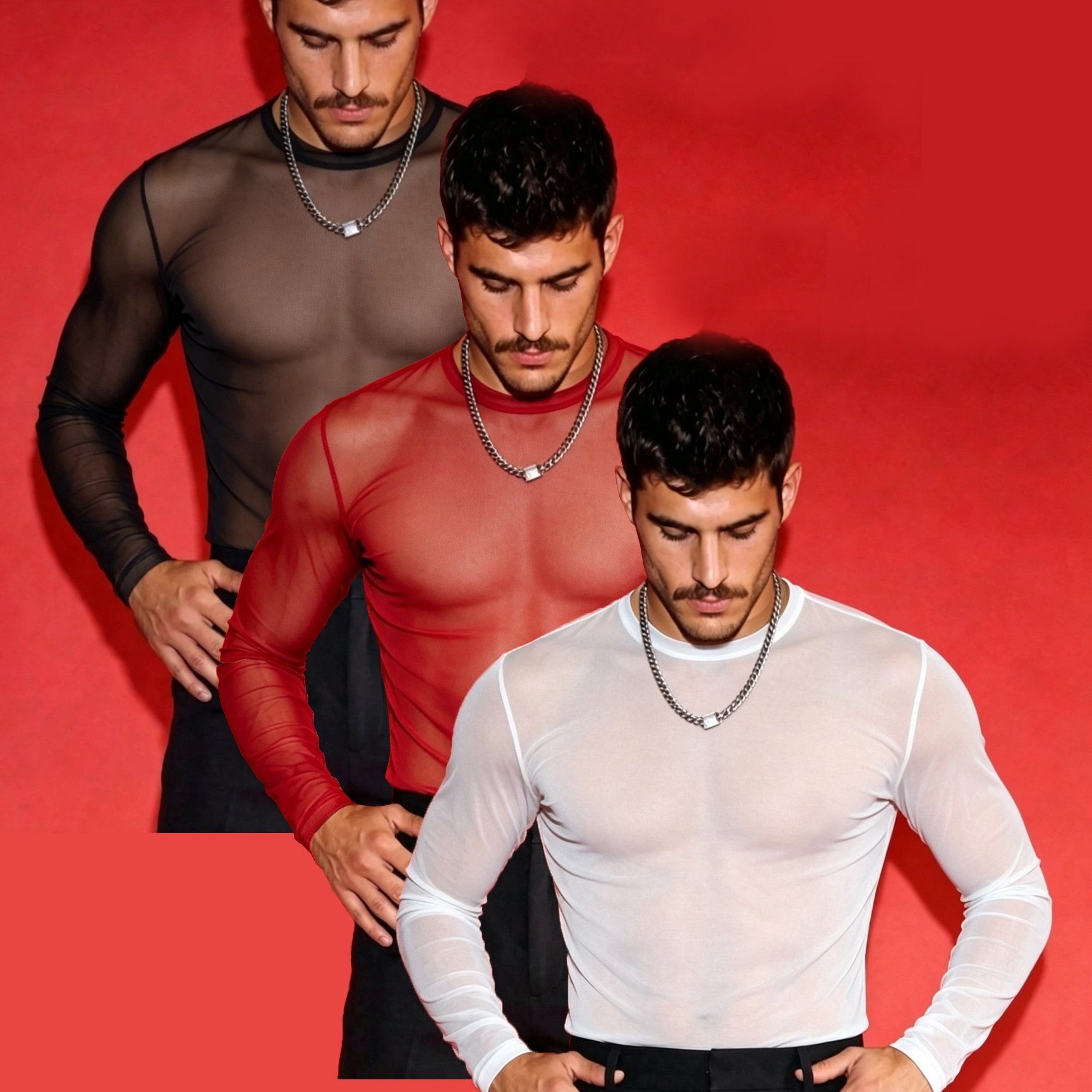 TEMU Men' Color Sheer Mesh Long Sleeve T-shirt, Slim Neck Sexy Bodycon Base Layer, Sexy European And Fitness Transparent Top 3pcs Set