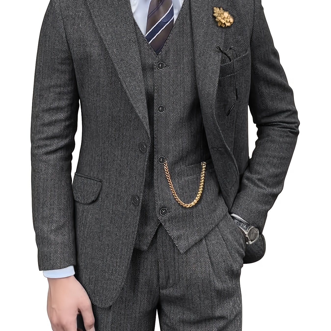 TEMU Men's 3pcs Wool Blend Herringbone Western Vintage Favors Wedding Suit For Formal Events, Work, Business, And Parties - Elegant Vintage Suit