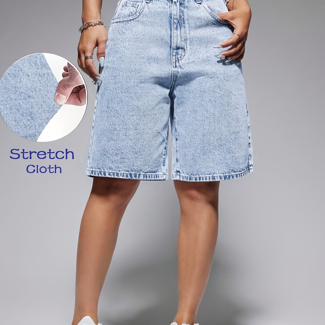 Image of Women's High-waisted Stretch Denim Mid-shorts - Light Blue Relaxed Fit Casual Summer Shorts With Water-washed Texture, Machine Washable For Spring/summer Outfits, High Waisted Shorts, -