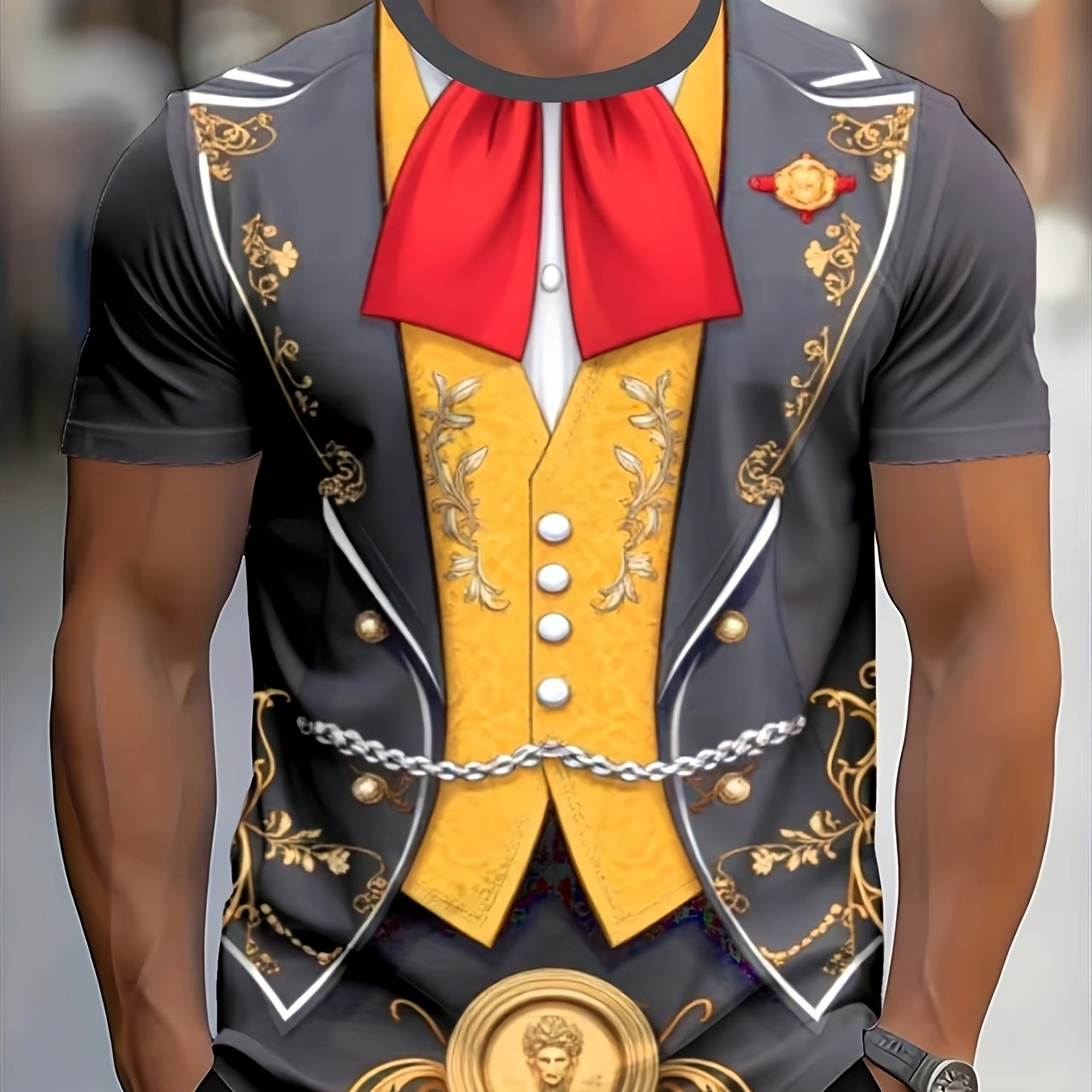 TEMU Printed Design - Non-textured/2d Printing Humorous Men's Shirt For Mexican Parties, With Red Bow Tie - Comfortable Black And Short-sleeve Crew