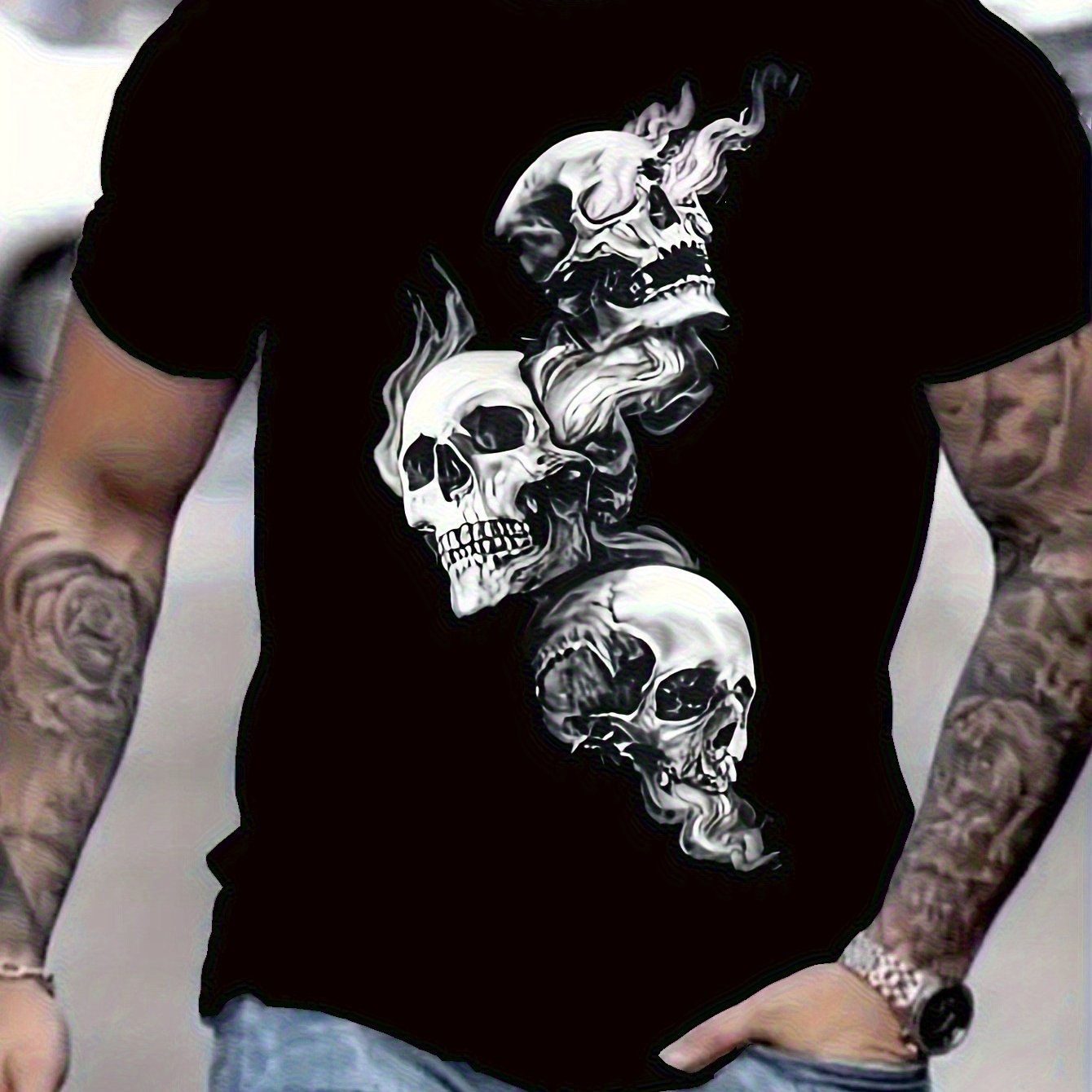 Image of Men' Short-sleeved T-shirt, T-shirt, Amazing Smoke Skull , Buyers And People Who Love , Dark Aesthetic Style, Round Neck, Top, Summer New T-shirt