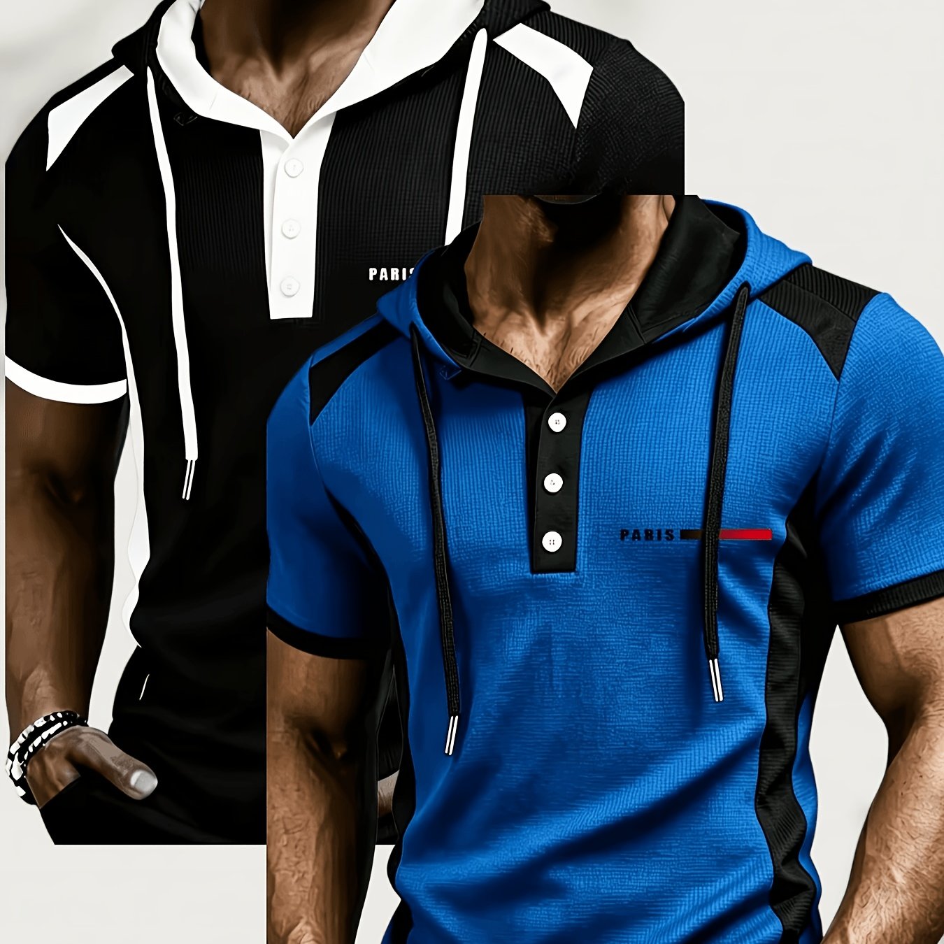 TEMU Men's Textured Waffle Contrast Color Outdoor Casual Base Layer Henley Shirt Hoodie 2pcs Set