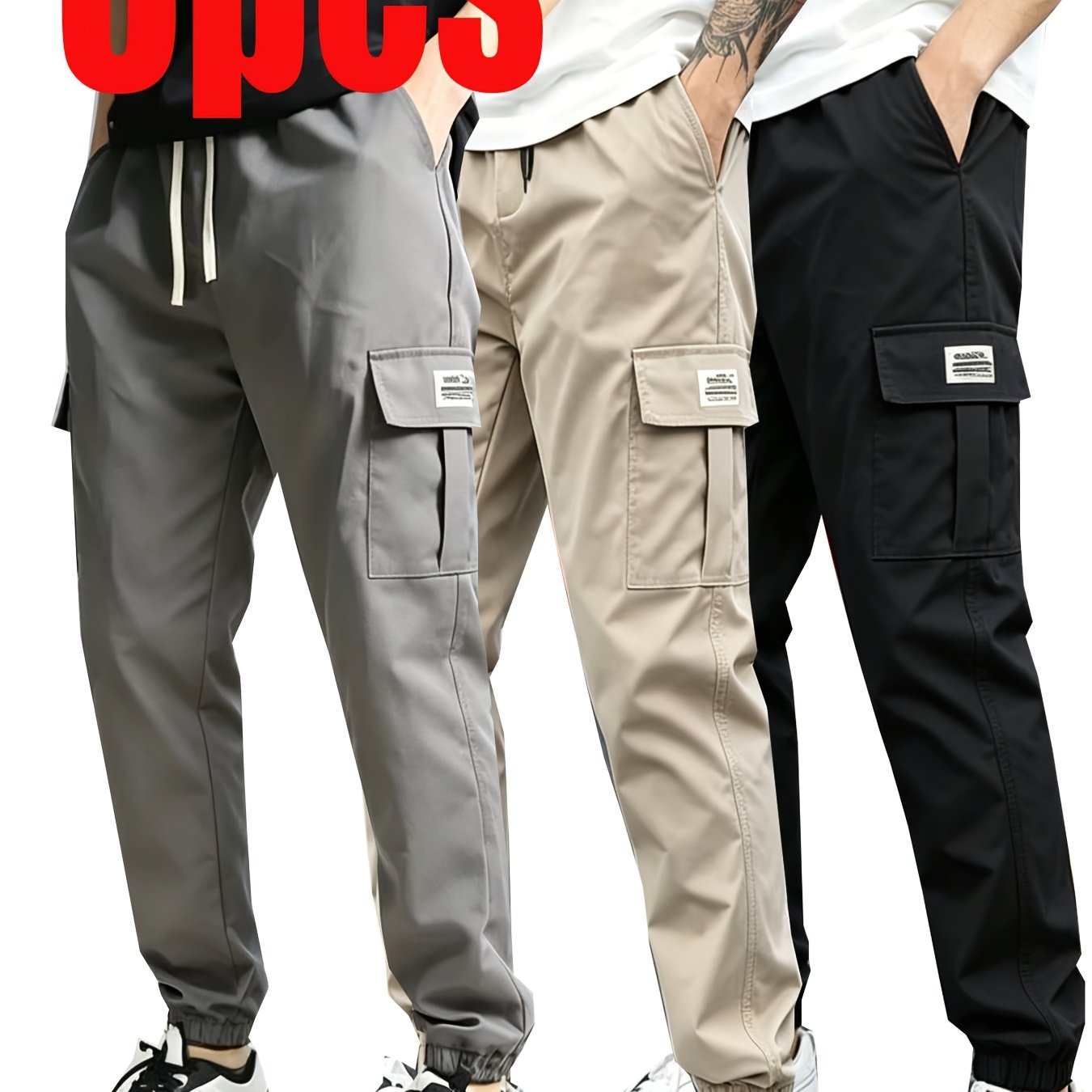 TEMU 3pcs Set Of Men's Work Pants With Multiple Pockets, Practical Work Trousers, Adjustable Drawstring Solid Color Joggers, Outdoor Casual Sports