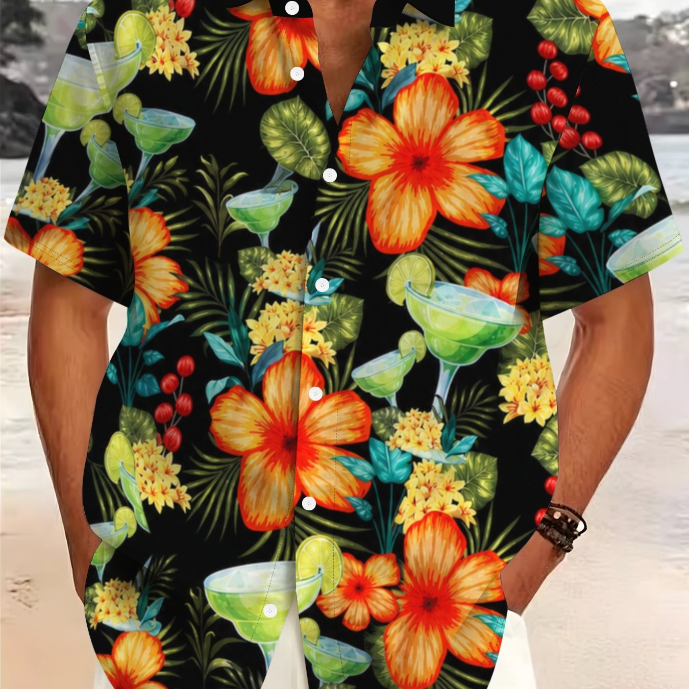 TEMU Men's Tropical Print Short Sleeve Shirt, Floral And Cocktail Pattern Lapel Cardigan Top, Loose Breathable Casual Hawaiian Style Shirt, Versatile