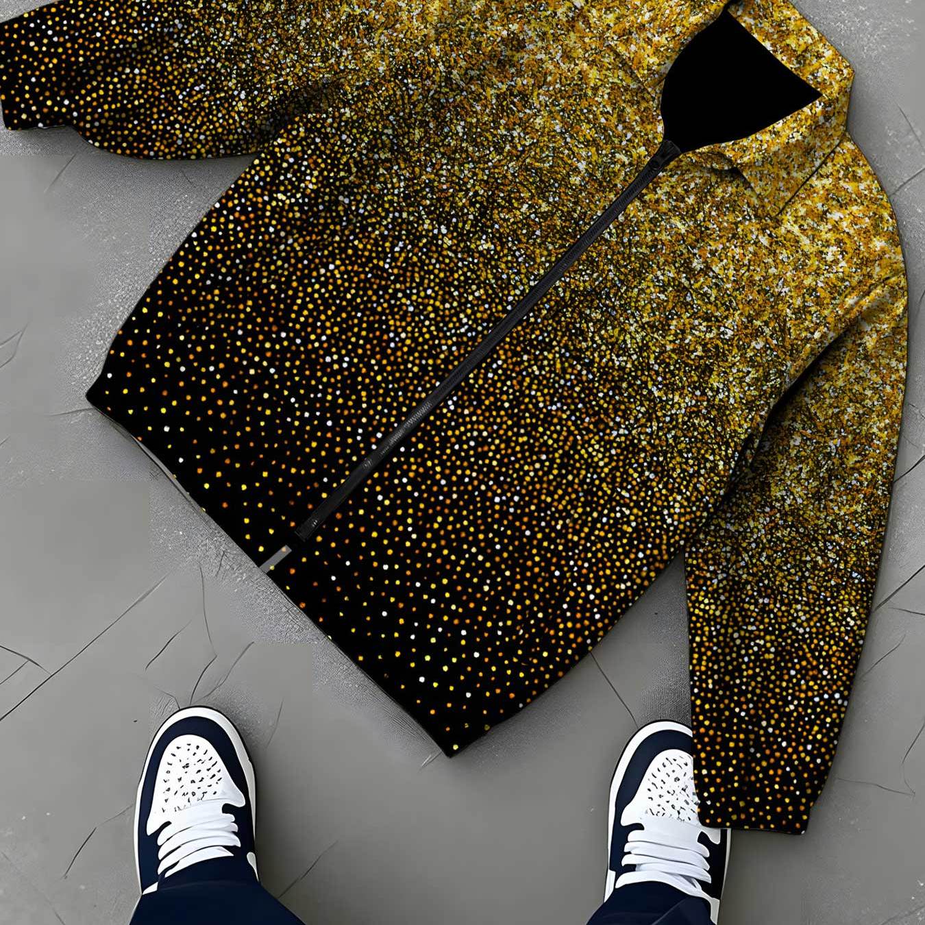 Image of Men's Lapel Sports Jacket Golden Glitter Sparkle Pattern Cool Stylish Urban Outerwear Perfect For Streetwear And Party Casual Scenes
