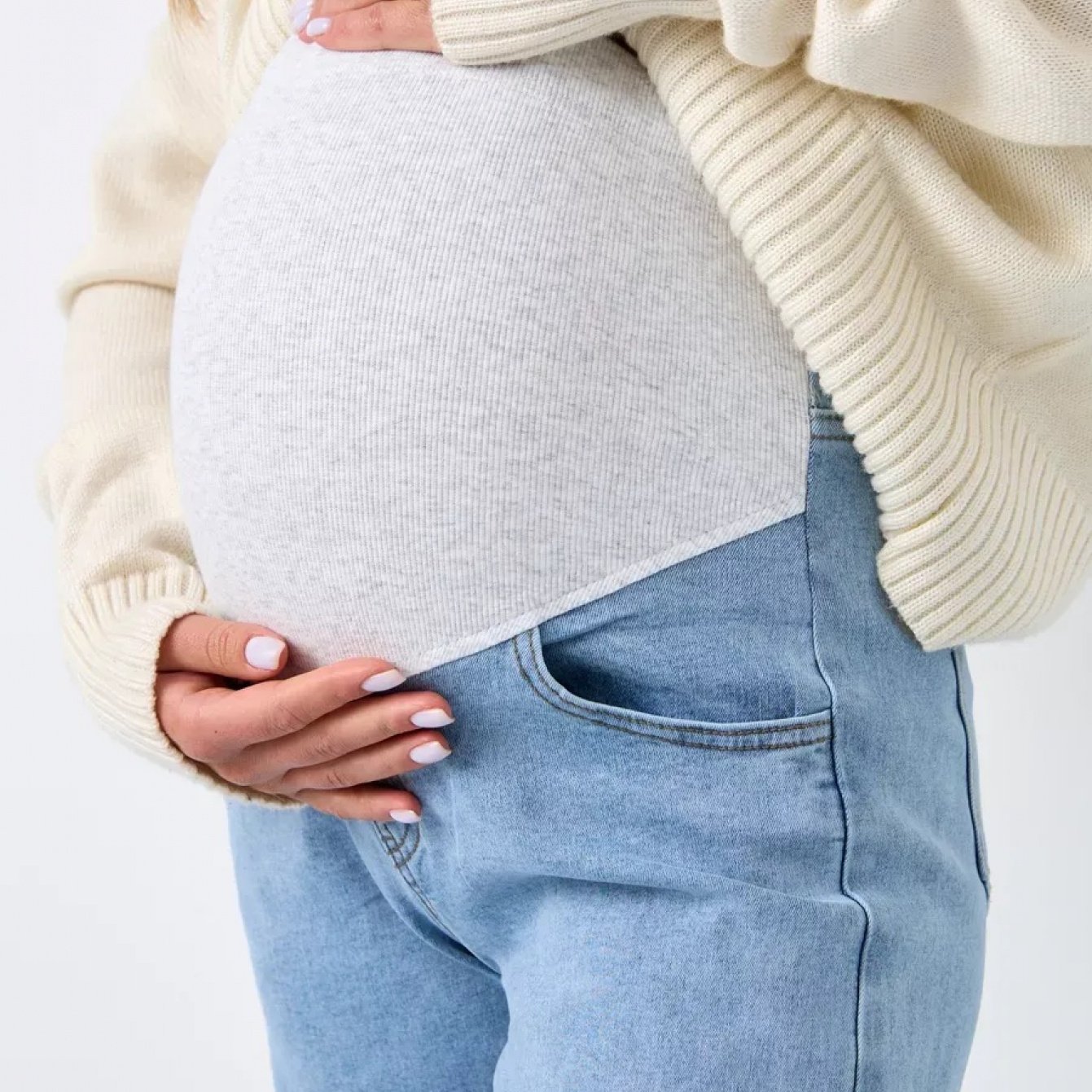 Image of Maternity Jeans With Belly Button Cover - High-waisted Stretch Pregnancy Pants, Adjustable Loose-fit Straight-leg -like Pants With Pockets For Plus Size ( Wear, Machine Washable)