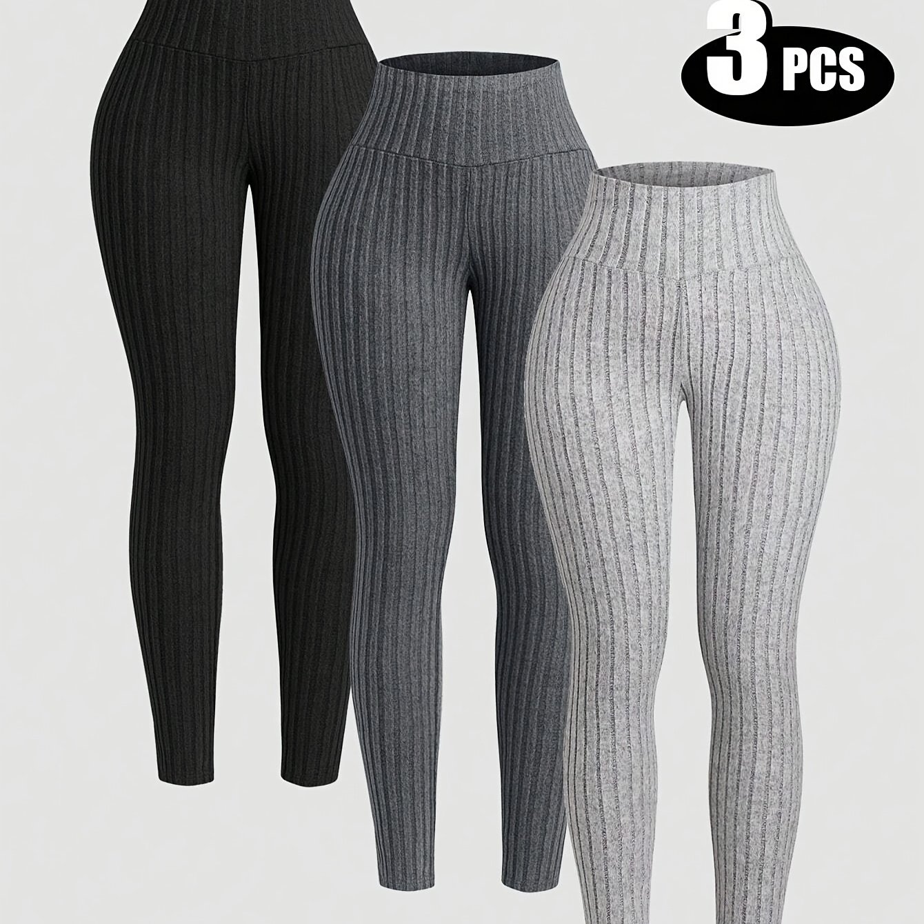 TEMU 3 piezas de leggings acanalados de color liso para mujer, pantalones casuales de talle