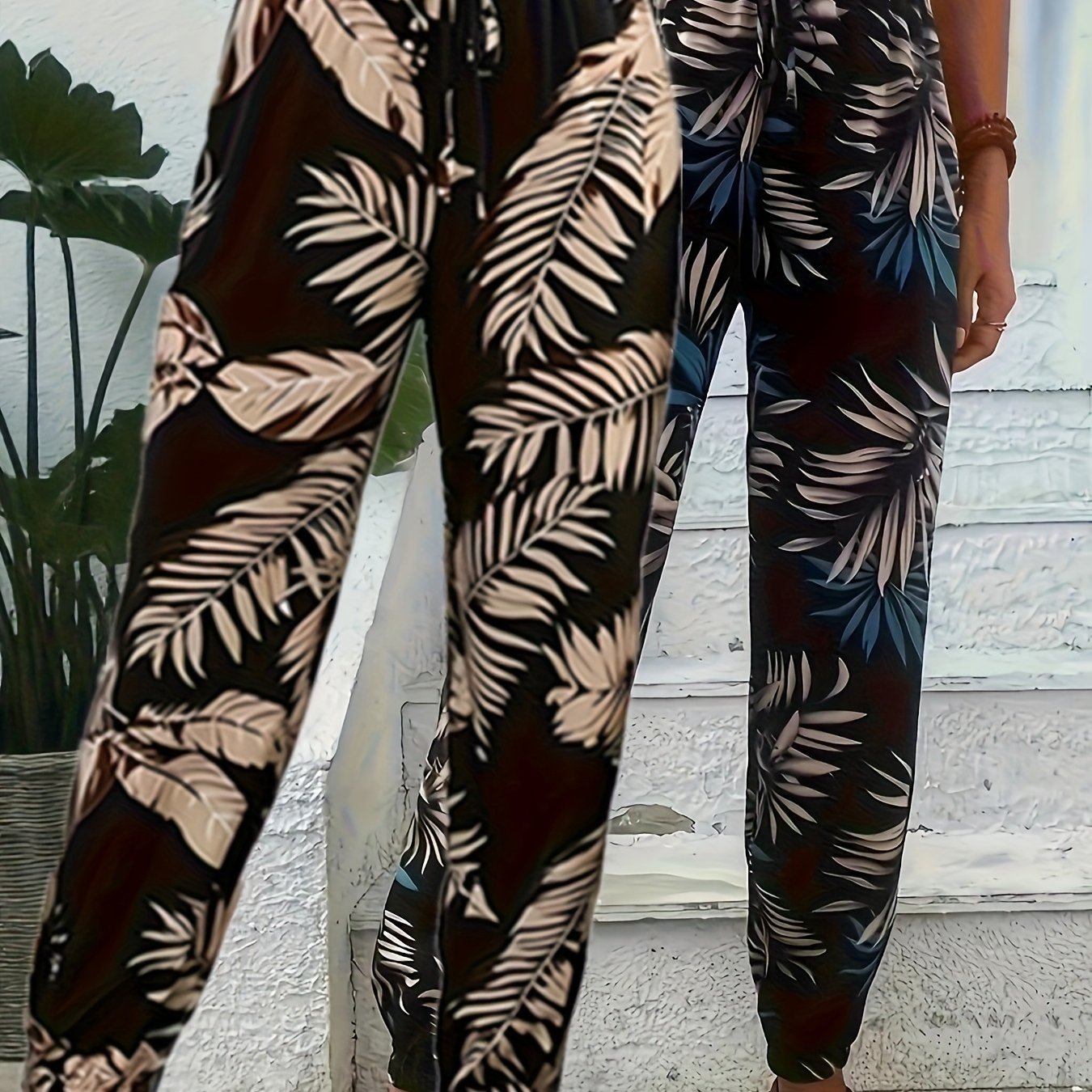 Slk073001 2pcs Beach Vacation Harem Print Pants, Slim Fit Drawstring Ankle Casual Pants For Women
