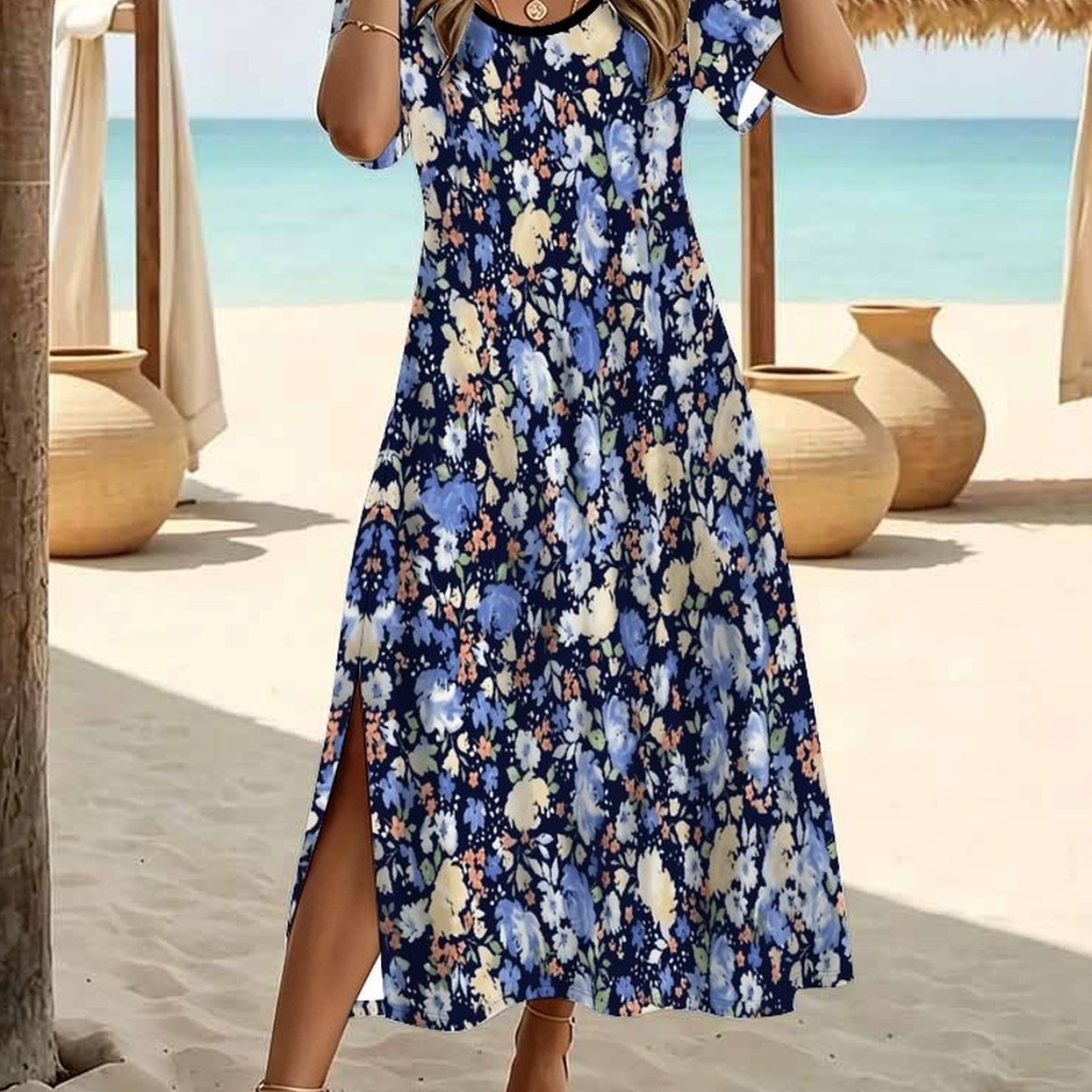 Plus Size Women's Summer Fashion Dress, Casual With Tiny Botanical Floral Print, Crew Neck Short Sleeve Split Hem Elegant Dress