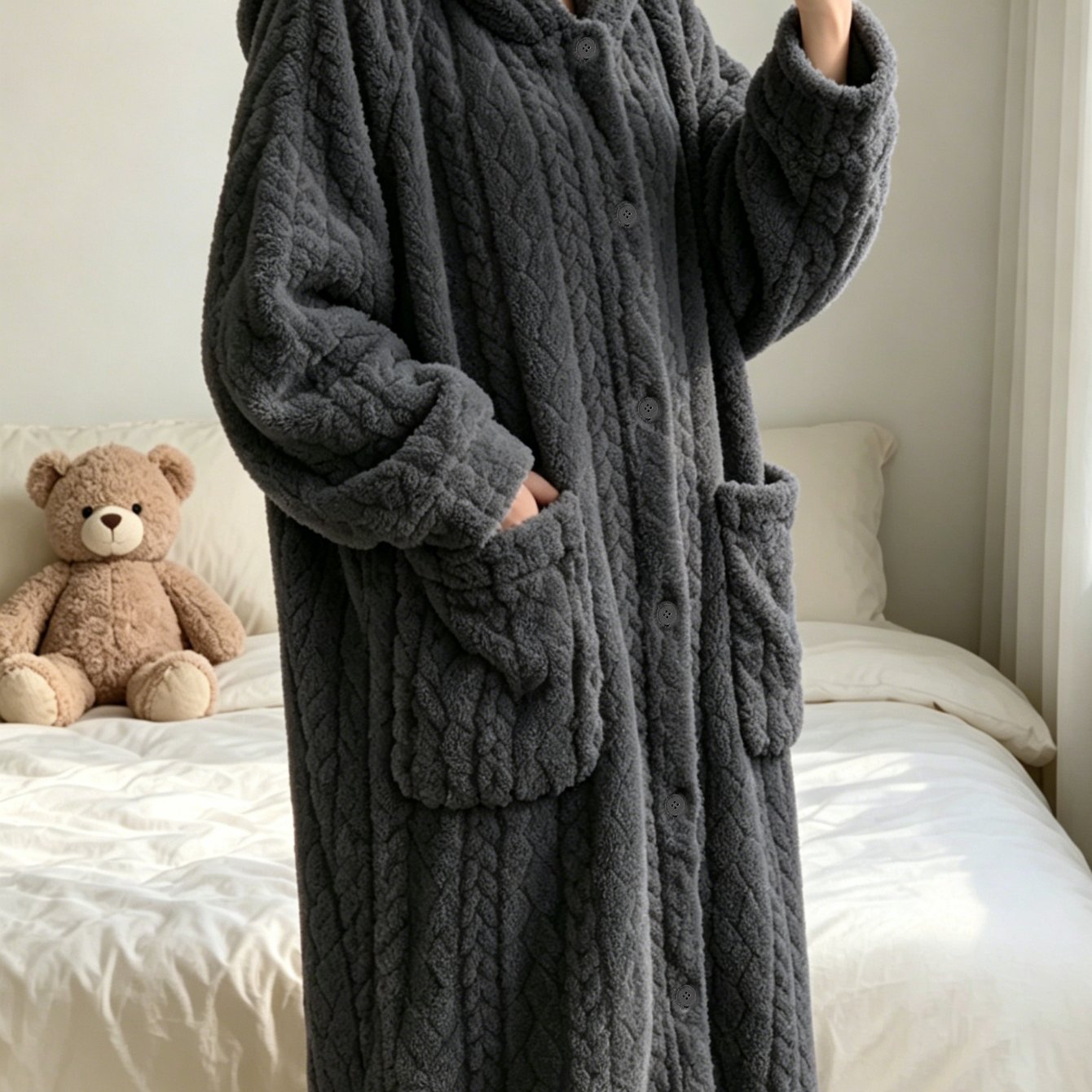 TEMU Autumn/winter -lined Women's Loose Size Nightgown, Thickened For Extra , Comfortable And Soft, Button-front Opening, Long Sleeves With Hood, 2