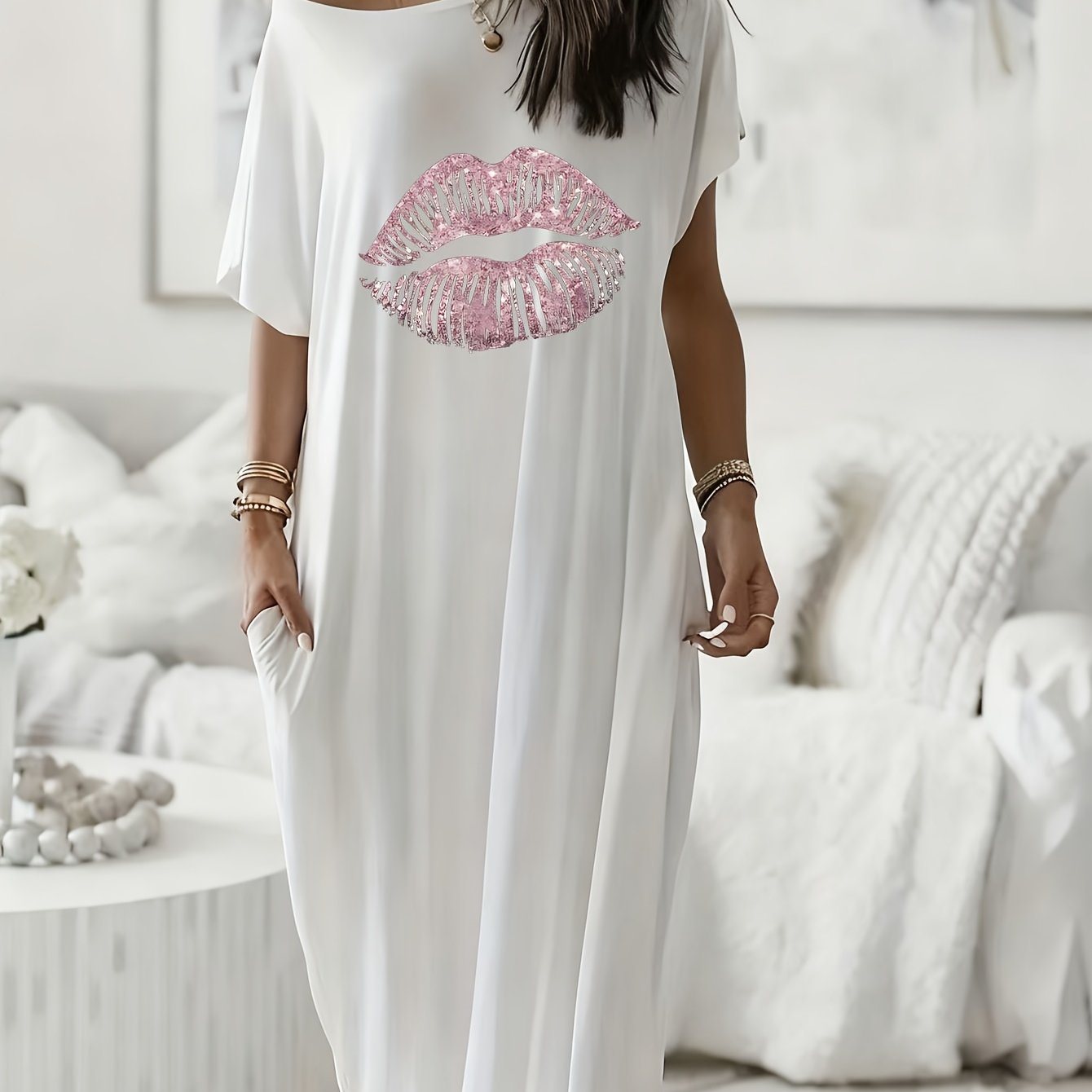 TEMU Women's Valentine's -shoulder Dress With Pockets - Short/long Sleeve Loose Fit Lettered Print Maxi Skirt Dress, Casual Clothing Gift For Wife, Girlfriend, (machine Washable)