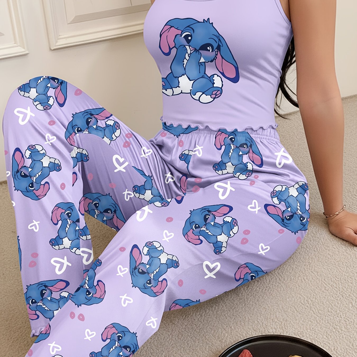 Image of Women's Summer Casual Bunny Heart Print Camisole Top And Bunny Full-print Long Pants Loungewear Set