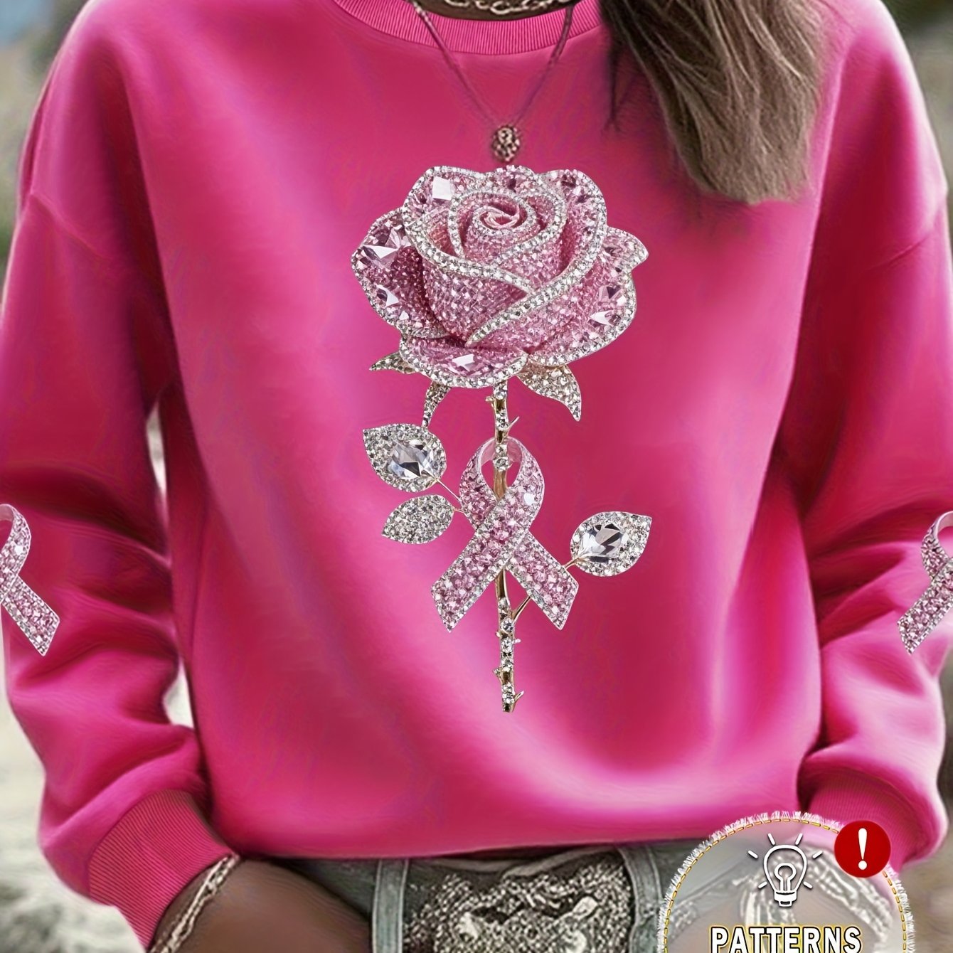 TEMU Women's Casual Round-neck Sweatshirt - Gem Flower Print, Regular Fit Round-neck Sweatshirt, Suitable For Fall And Winter , Women's Apparel