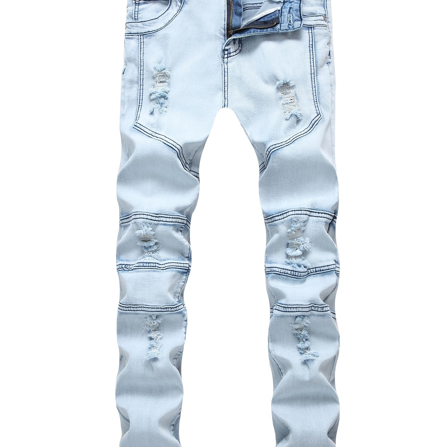 European And Style Men' Blue Ripped Jeans, Biker-style Spliced Vintage Trousers, Slim Stretch Straight-, Washed And Whitened Trendy Men's Denim Pants