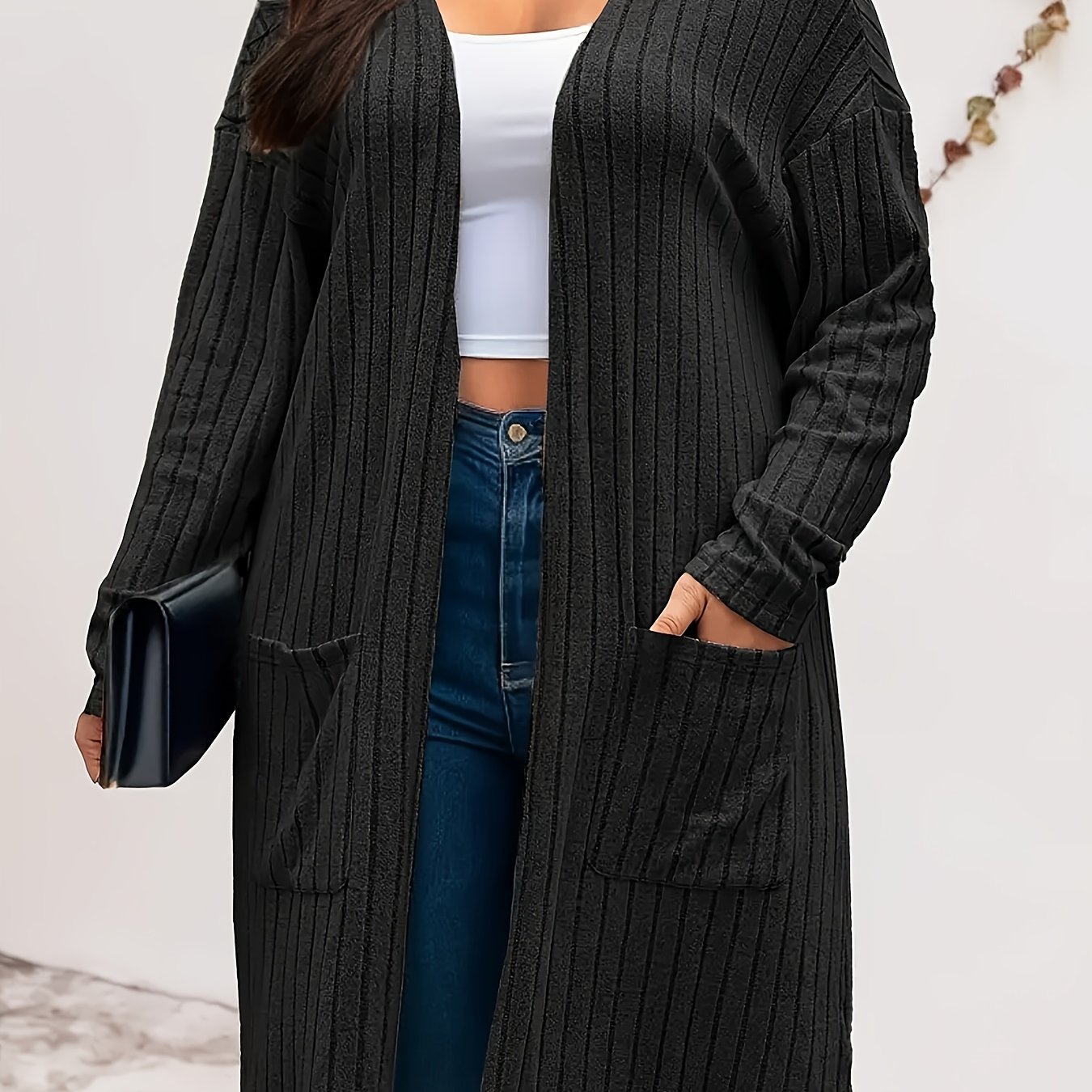 TEMU Plus Size - Women's Plus Size Autumn Winter Elegant Long Sleeve Double Pocket Drop Shoulder Fleece Ribbed Cardigan Coat