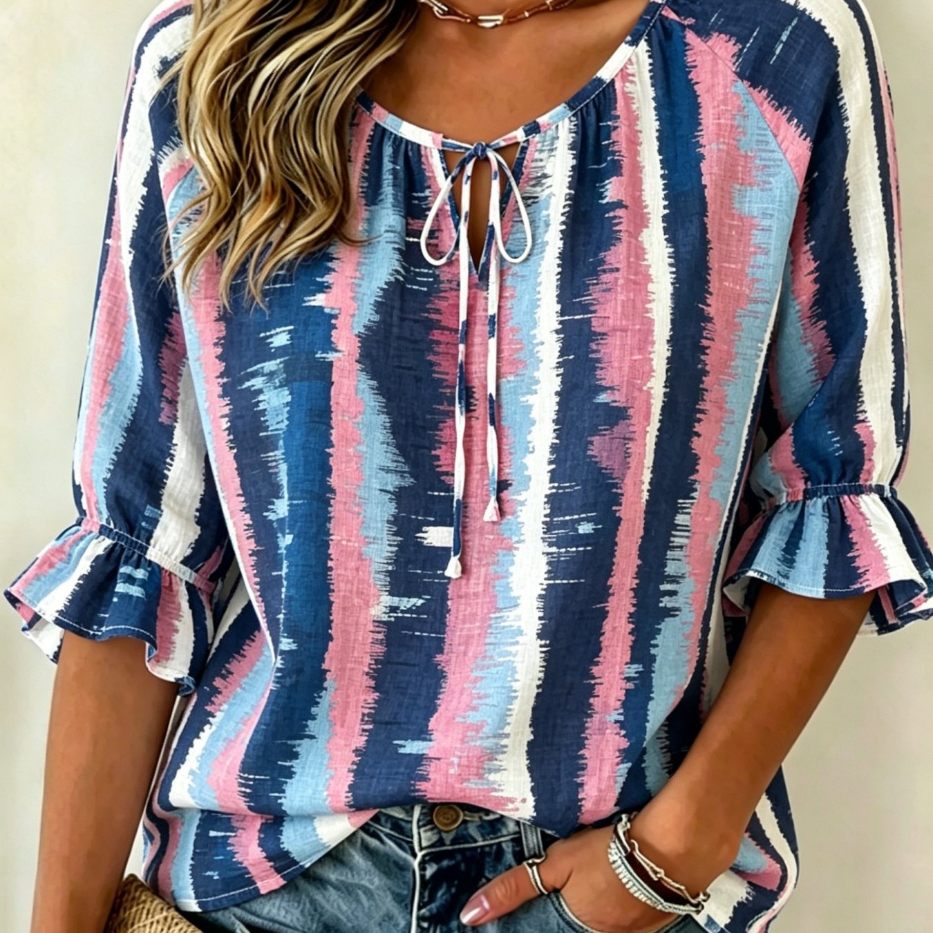 Plus Size - And Pink Contrast Striped Print Women'-quarter Sleeve Tie Shirt