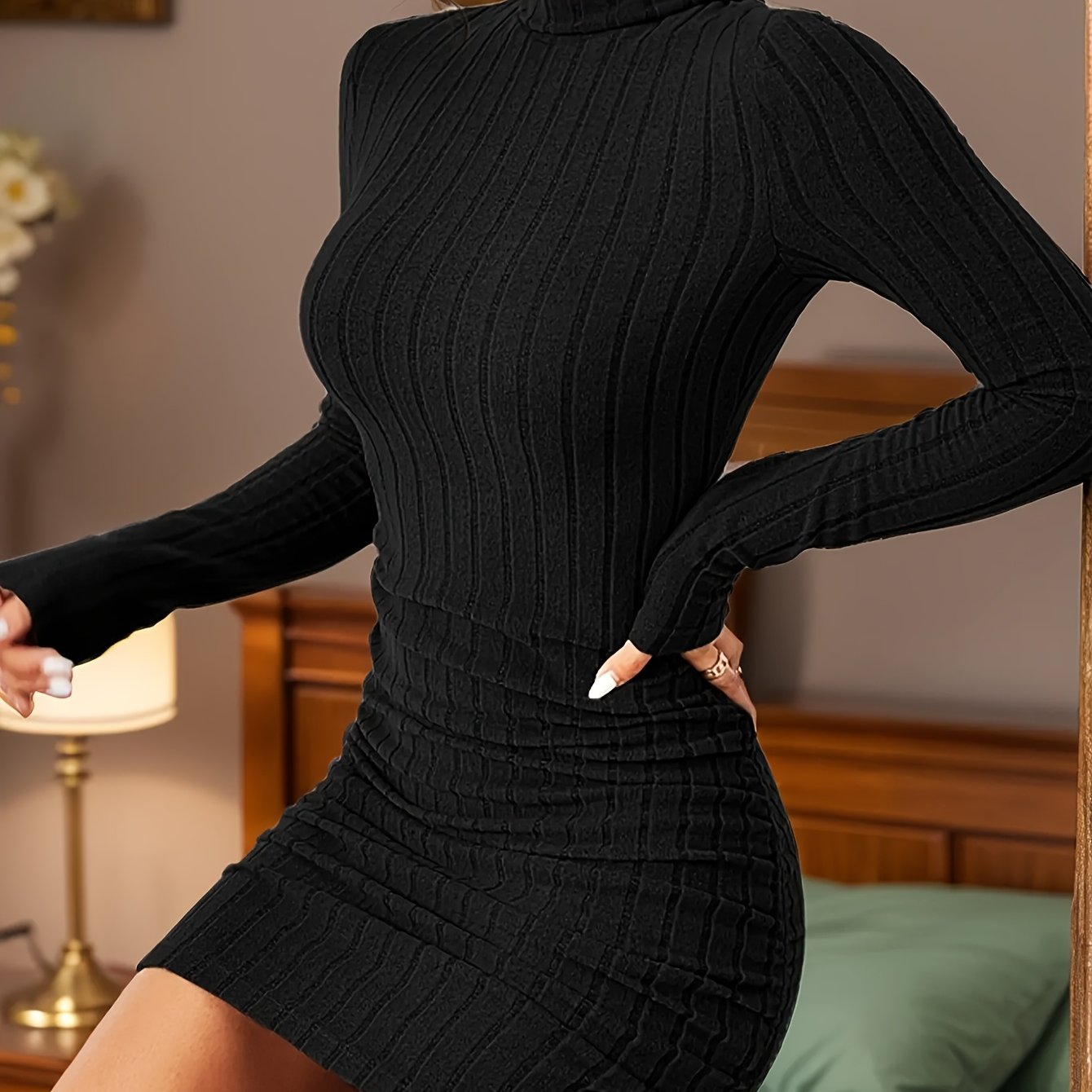 TEMU Women's Autumn Winter Solid Color Easy High Neck Long Sleeve Slim Fit Versatile Short Skirt Dress Suitable For Home Base Layer