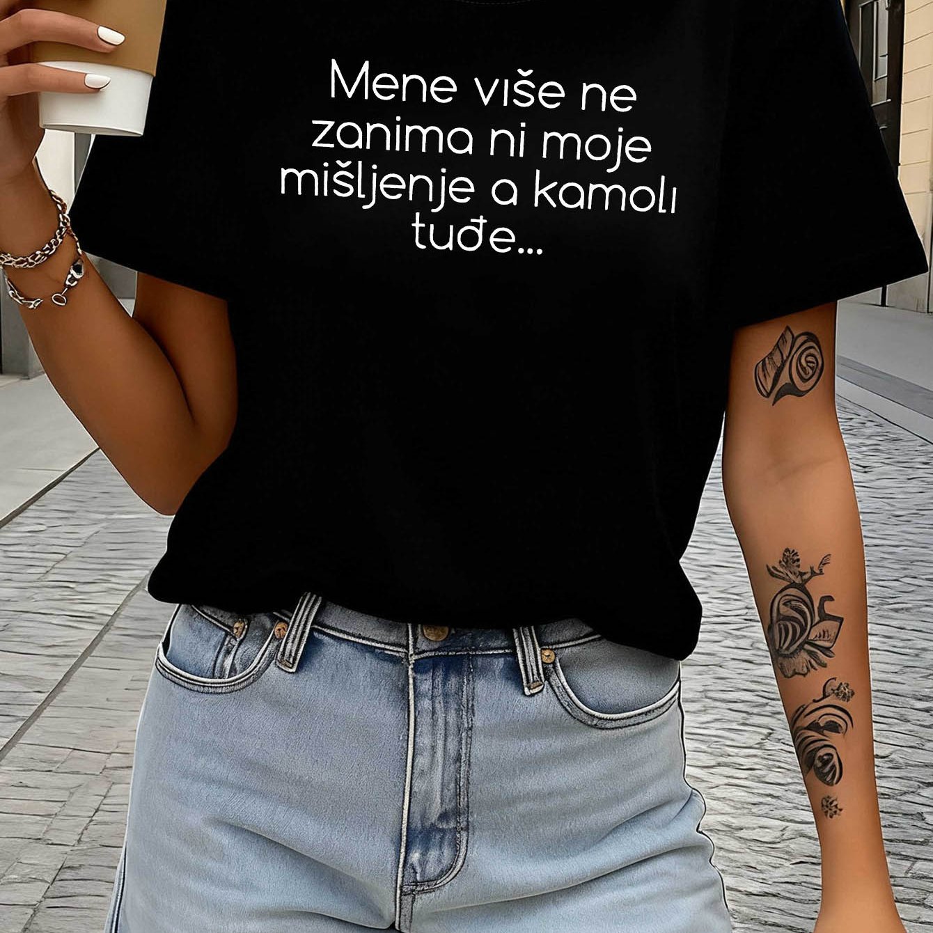 TEMU Women' Croatian T-shirt "'t Anyone' " Slogan Print - Croatian Language Crew Neck Top, Casual Spring Summer Blouse Outfits, Machine Washable