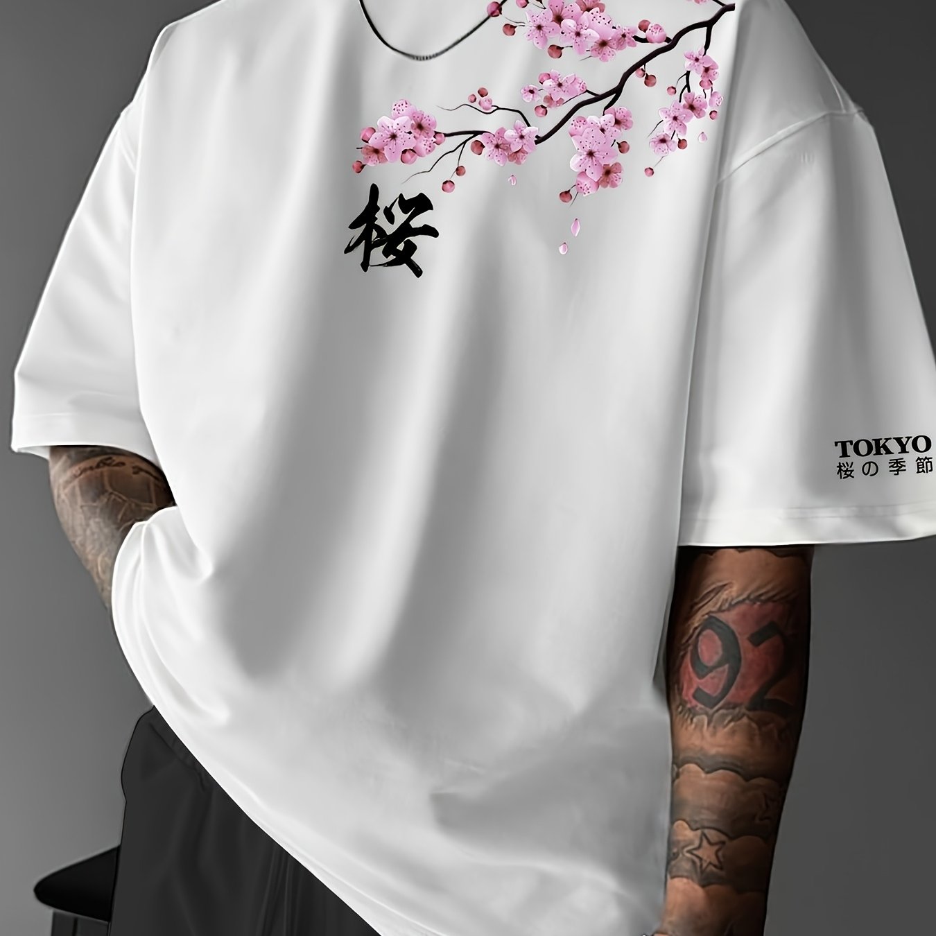 Image of Cherry , Japanese Element, Men's Fashion Print Street Casual Short Sleeve T-shirt, Spring Summer Top Comfortable Round Neck Tee