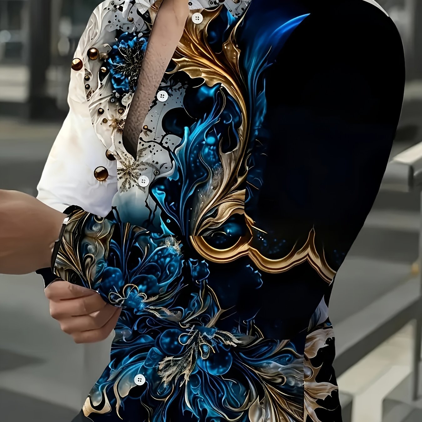 TEMU Men's Casual Long-sleeve Shirt With Unique Print - Polyester, Machine Washable, Perfect For Spring And Fall