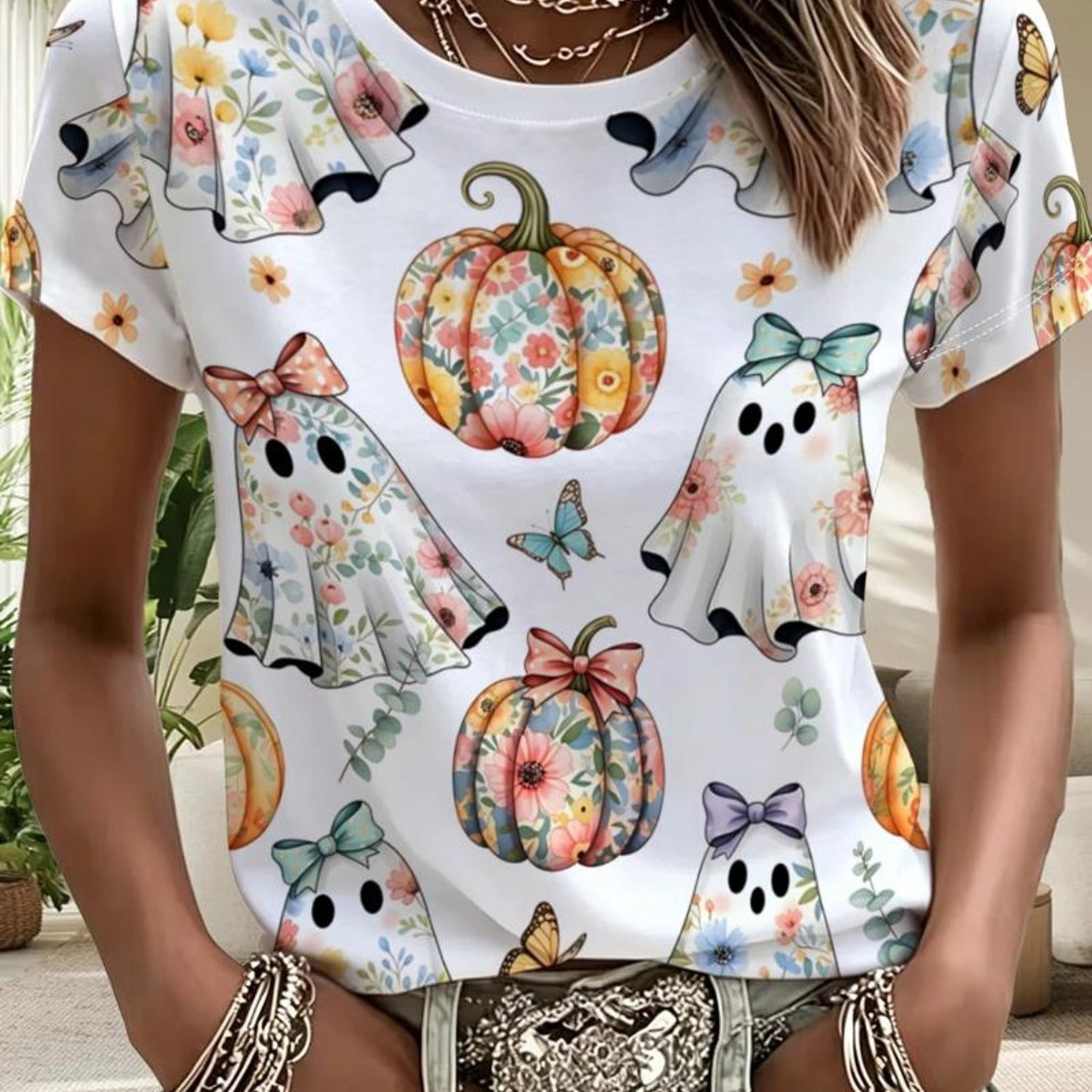TEMU Women's Halloween Themed T-shirt, Multiple Sizes , Cute And Pumpkin Design, Suitable For Festive Occasions, Fashionable Style