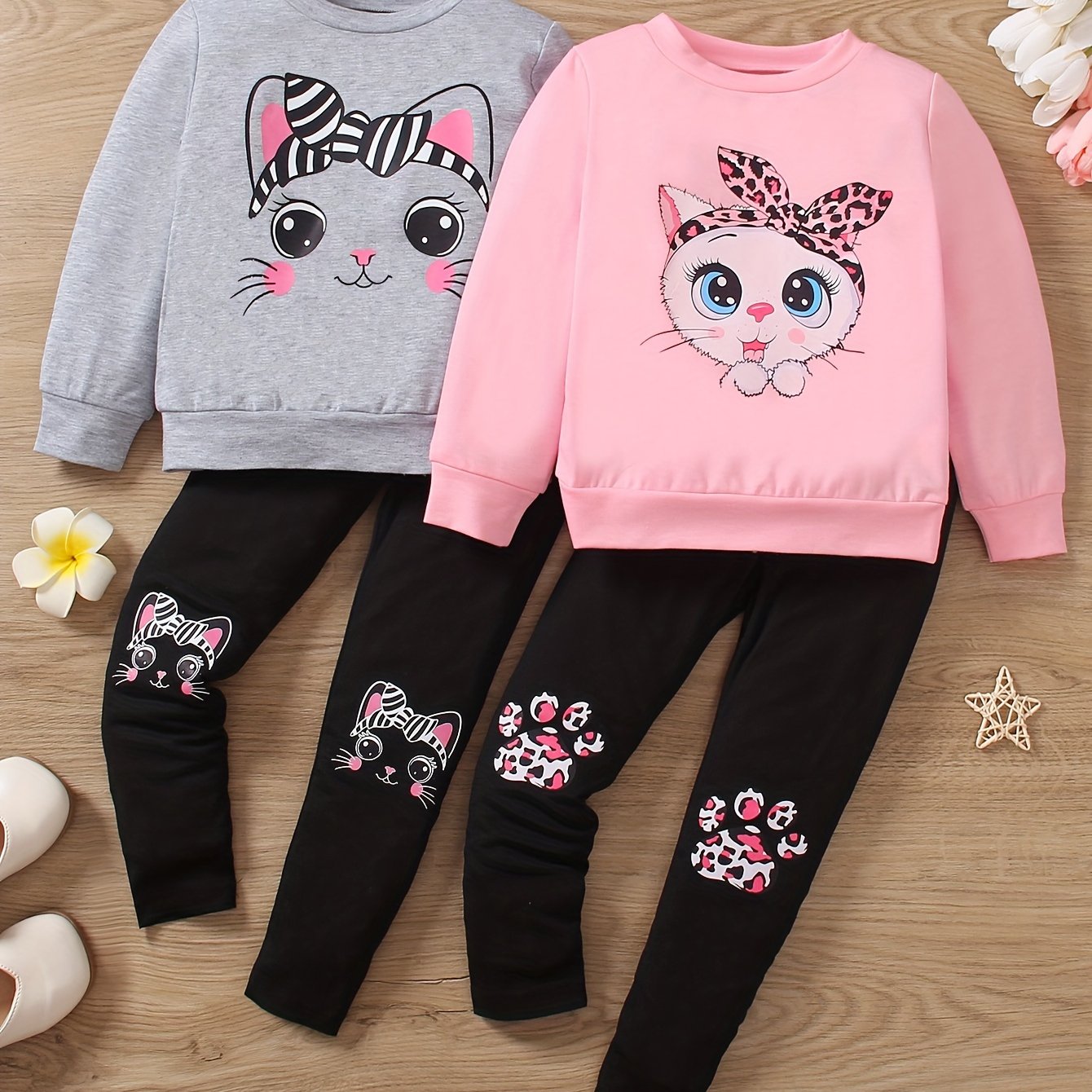 Image of Girls' Fashion 4pcs Set Round Neck Cat Print Long Sleeve Top And Random Cat Print Long Pants Spring Autumn Casual Pants Suit, For Outdoor