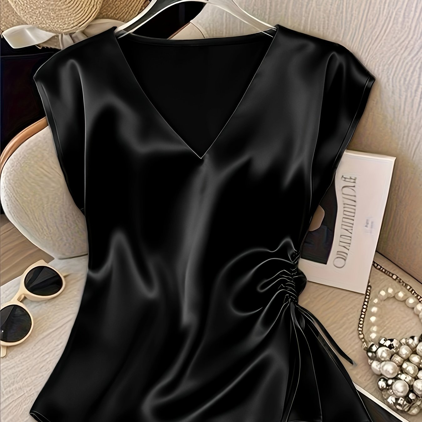 TEMU Women' Satin V-neck Ruched Summer Elegant Blouse