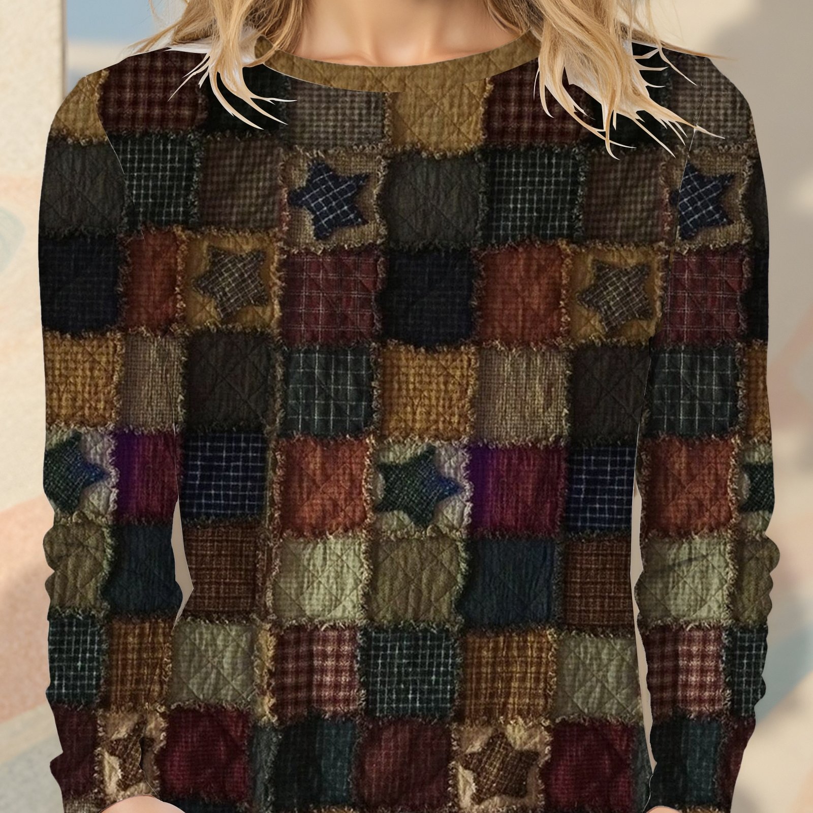 TEMU [printed Design - No Texture] Women's Round Neck Long Sleeve Top, Retro Plaid Casual Long Sleeve T-shirt, Style Loose Autumn All-match Trendy