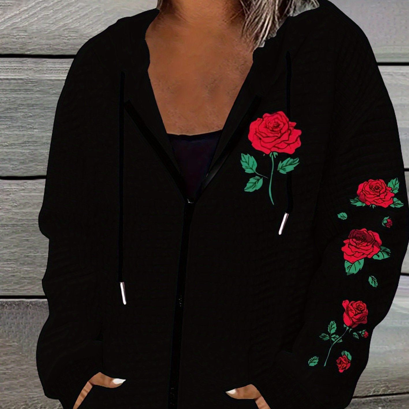 TEMU Women's Casual Waffle Zipper Hooded Jacket With Rose Print & Geometric Pattern - Machine Washable Polyester, Lightweight Outerwear, Drawstring Hood & Front Zip Closure, Texture Apparel