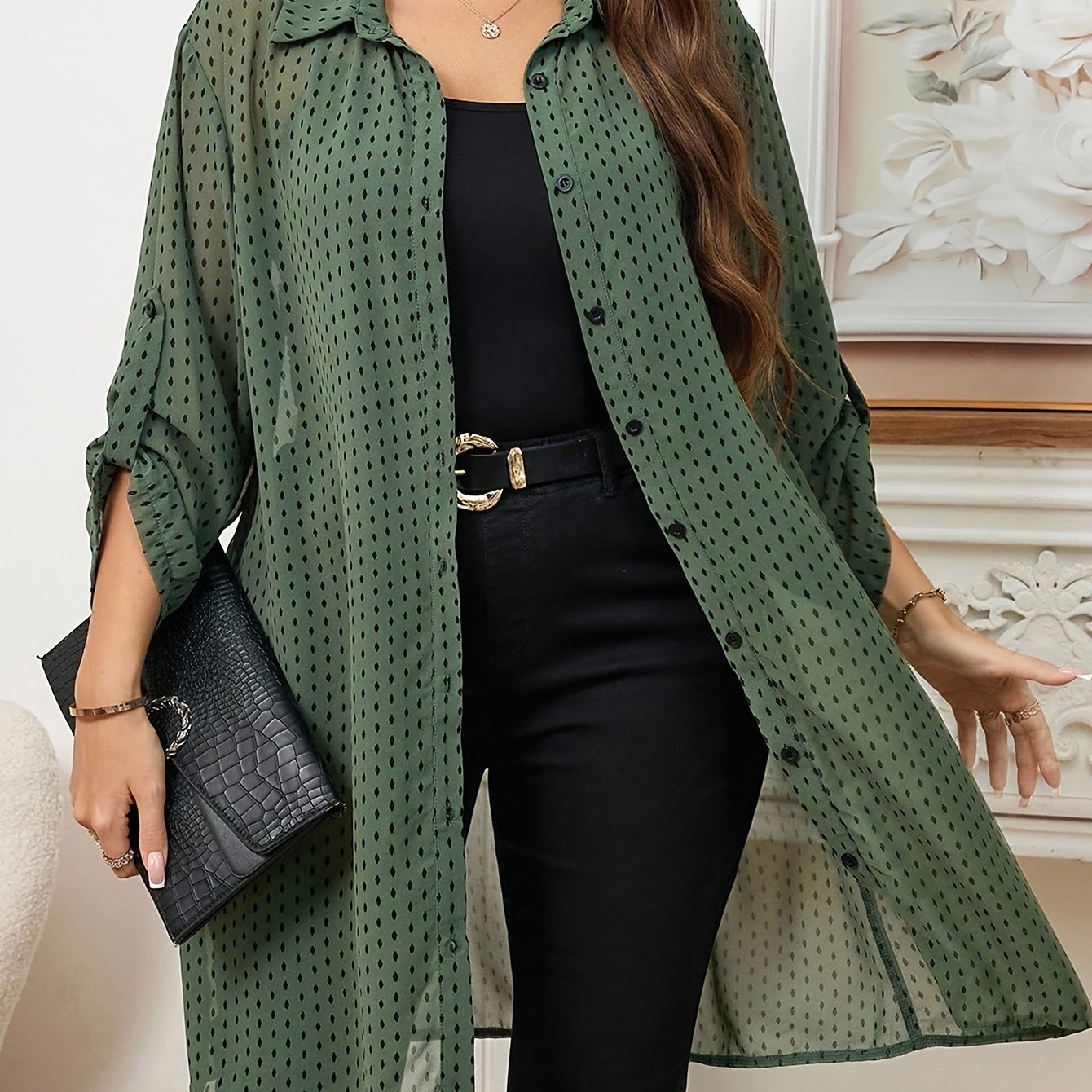 TEMU Plus Size, Plus Size Women' Polka Dot Collared Long Sleeve Flowy Chiffon Outerwear