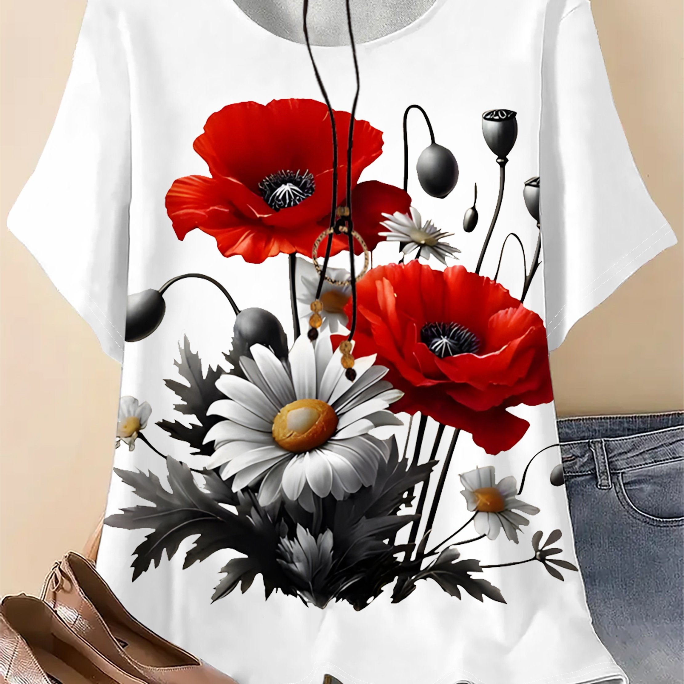 TEMU Plus Size, Women's Casual Floral Print Crew Neck T-shirt - Vibrant Red Poppies And White Daisies On A Dark Gray Background, Soft And Breathable