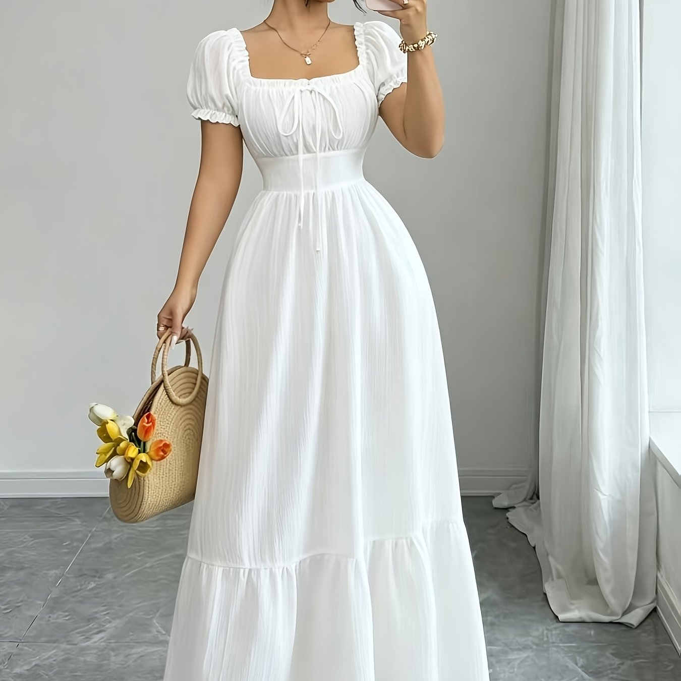 TEMU Elegant Dress Women's Skirt Square Neck Puff Sleeve A-line Long Dress Suitable For Outdoor Spring Summer Party Wedding Travel Zzy Spring Summer