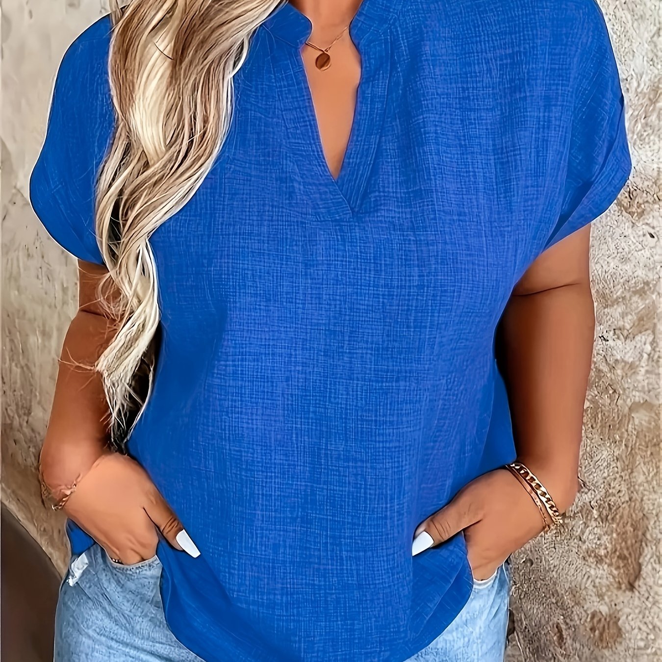 E-shop Elegante V-Ausschnitt Bluse Kurzarm Stehkragen Top