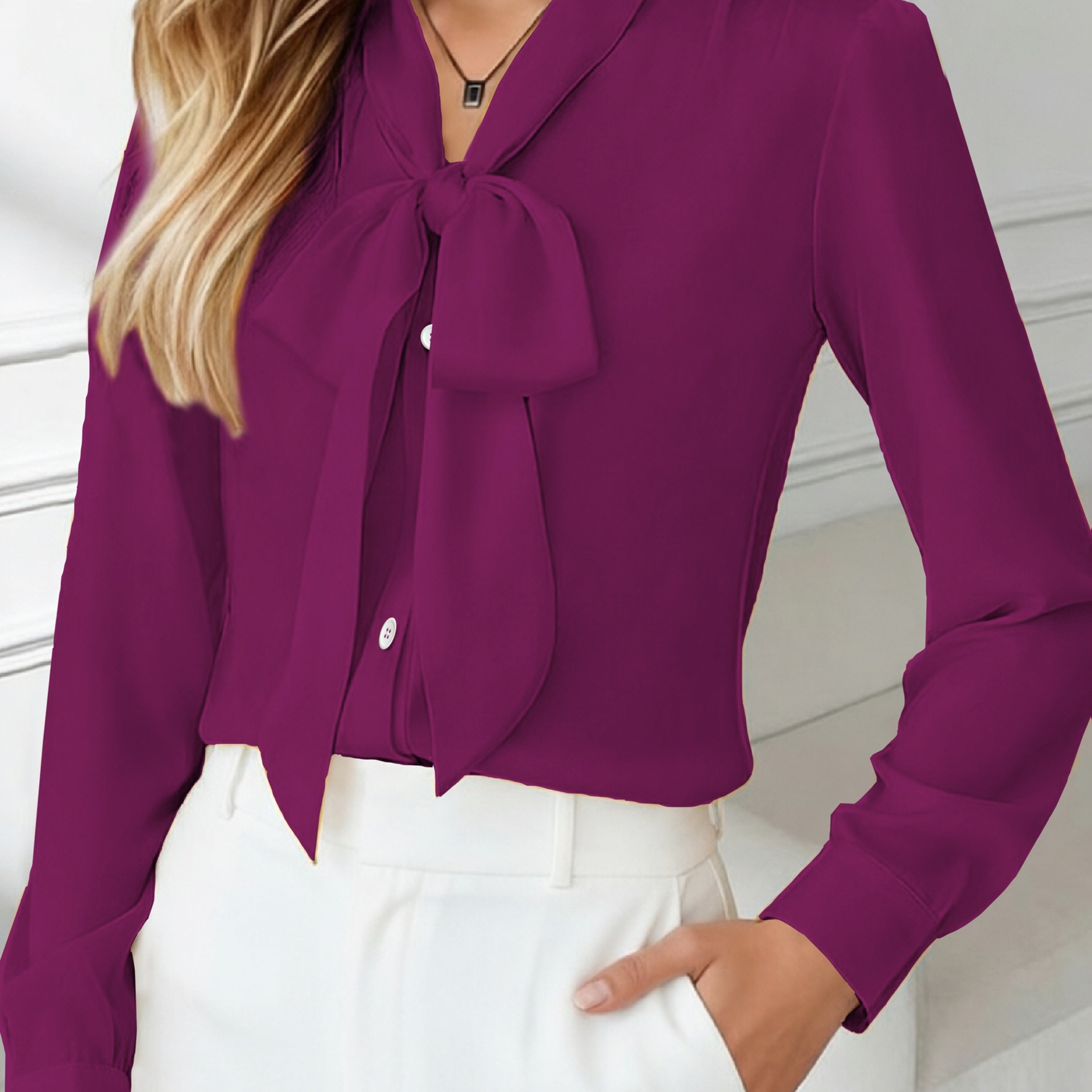 TEMU Spring/autumn Solid Color Bow Tie Lace-up Long Sleeve Shirt Elegant Women's Top Commuter Temperament Women's Wear