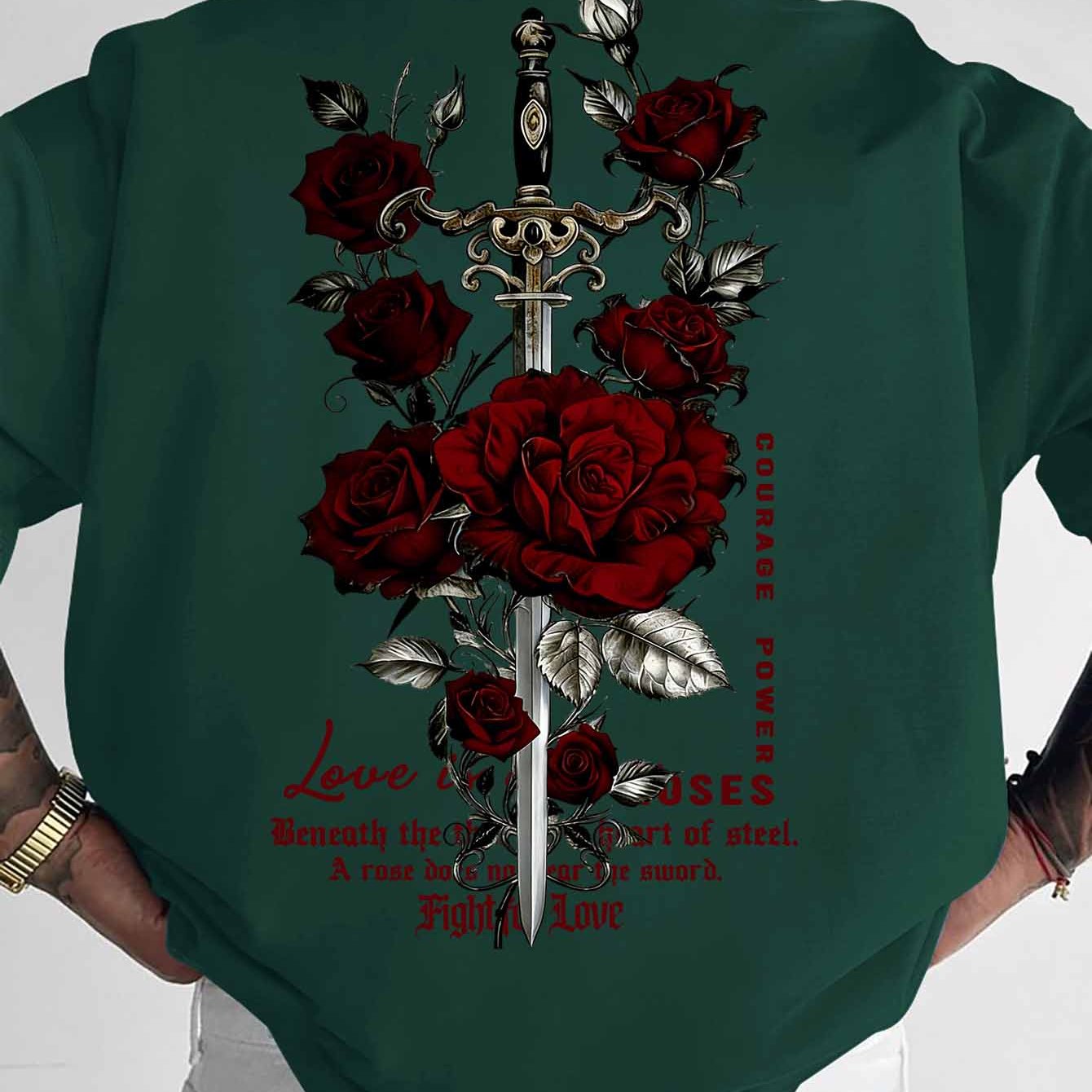 TEMU Men's T-shirt, Cool And Trendy Rose Holy Sword Pattern Printed T-shirt