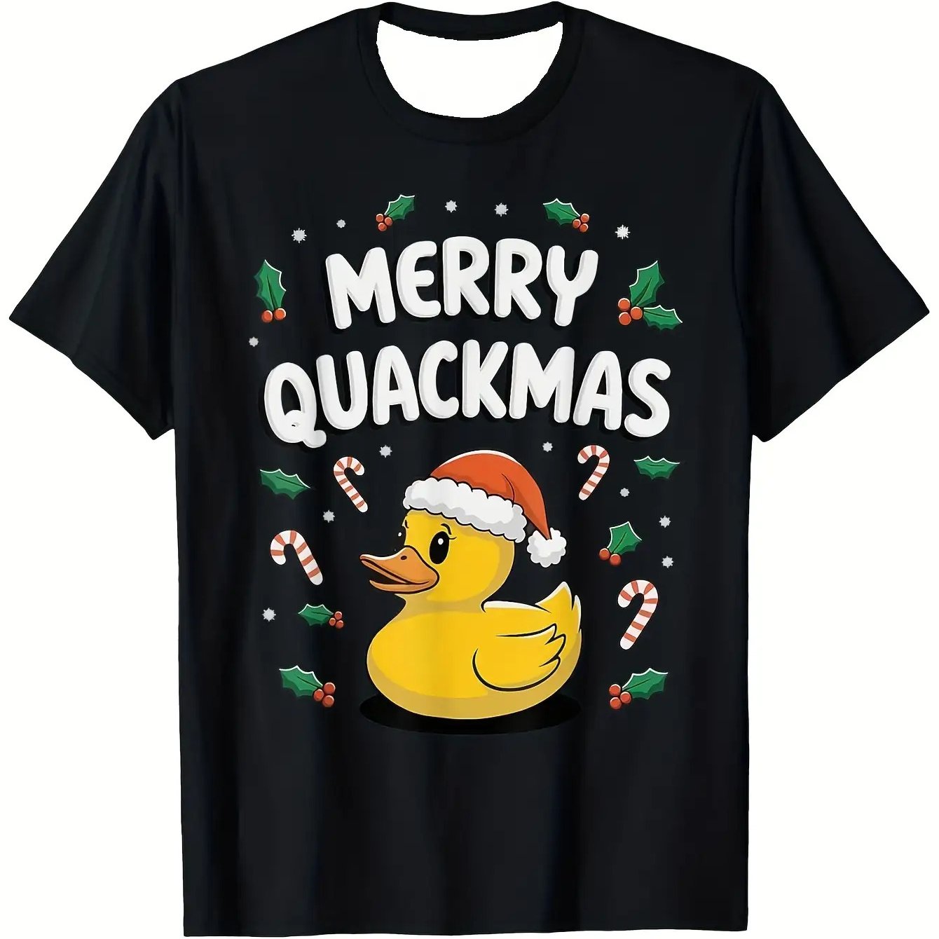 TEMU Christmas Duck Print T-shirt - 100%, Short-sleeved, Black Unisex T-shirt - Featuring Santa Hat And Candy Cane Design, Machine Washable, Sizes